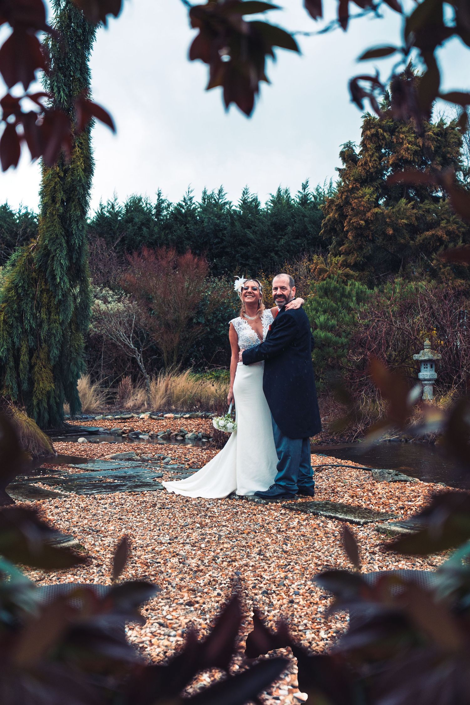 bride and groom, portrait shot in Japanese garden. Shropshire wedding. marrage. wedding