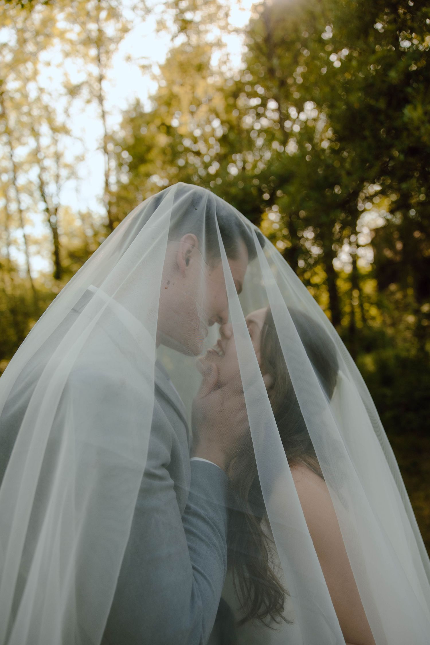 Bride and groom sharing a romantic kiss under a flowing white veil outdoors with golden sunlit trees in the background.