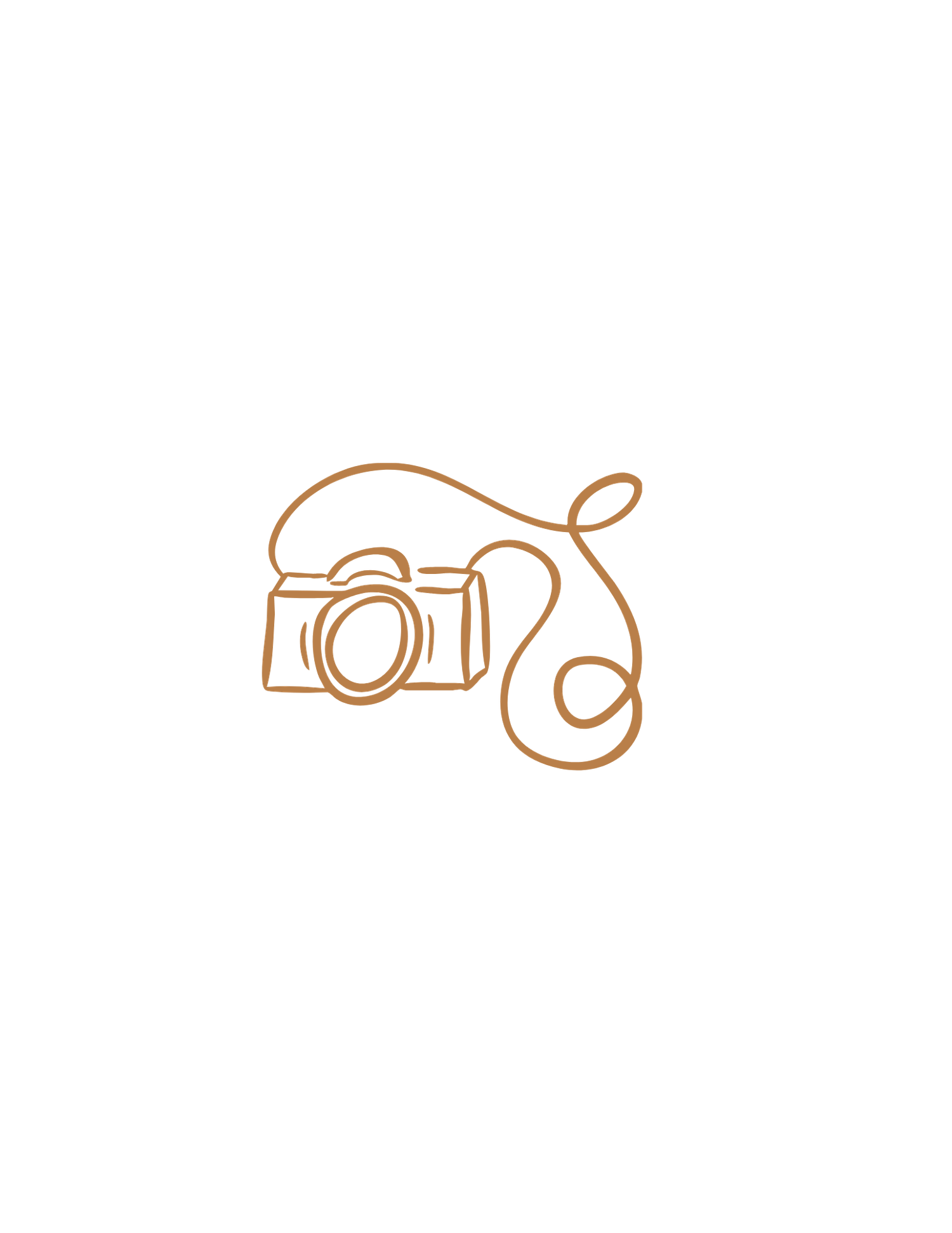Simple line drawings of camera equipment and photography icons in brown.