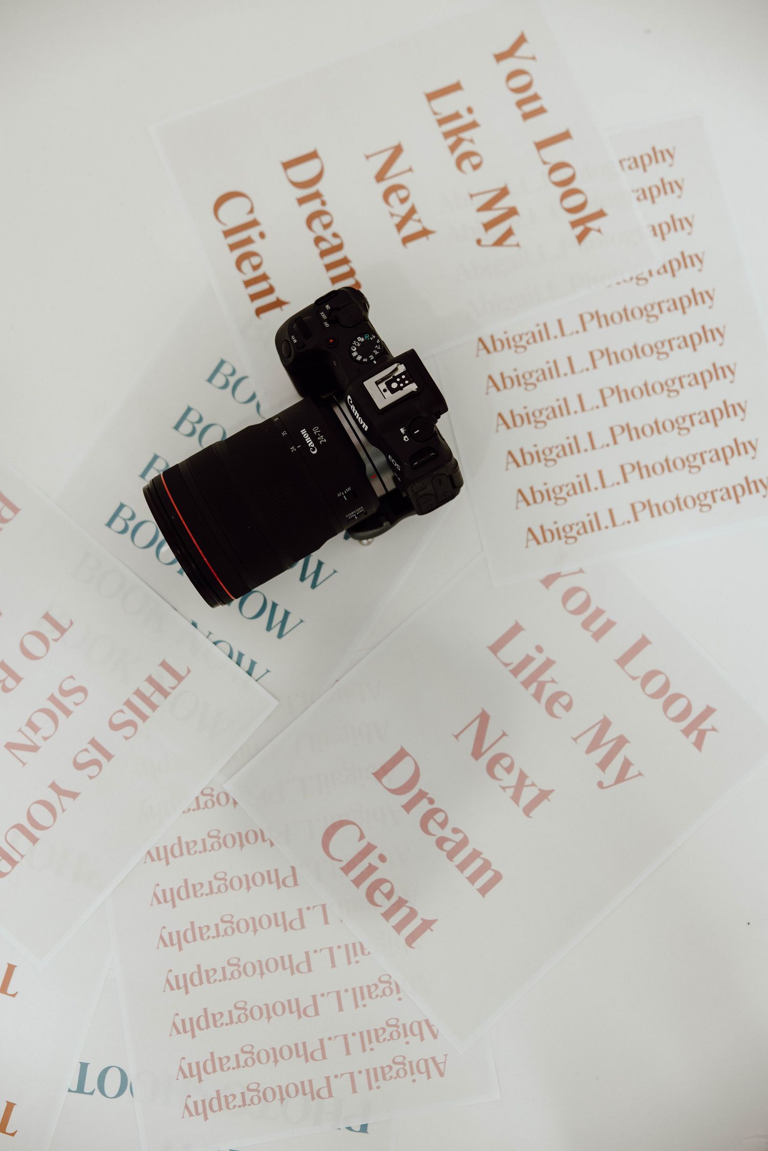 Camera silhouettes overlaid on typography background with photography branding.