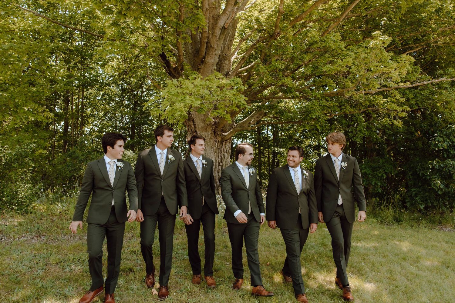 Six groomsmen in dark suits with boutonnieres walking together outdoors near a large tree.