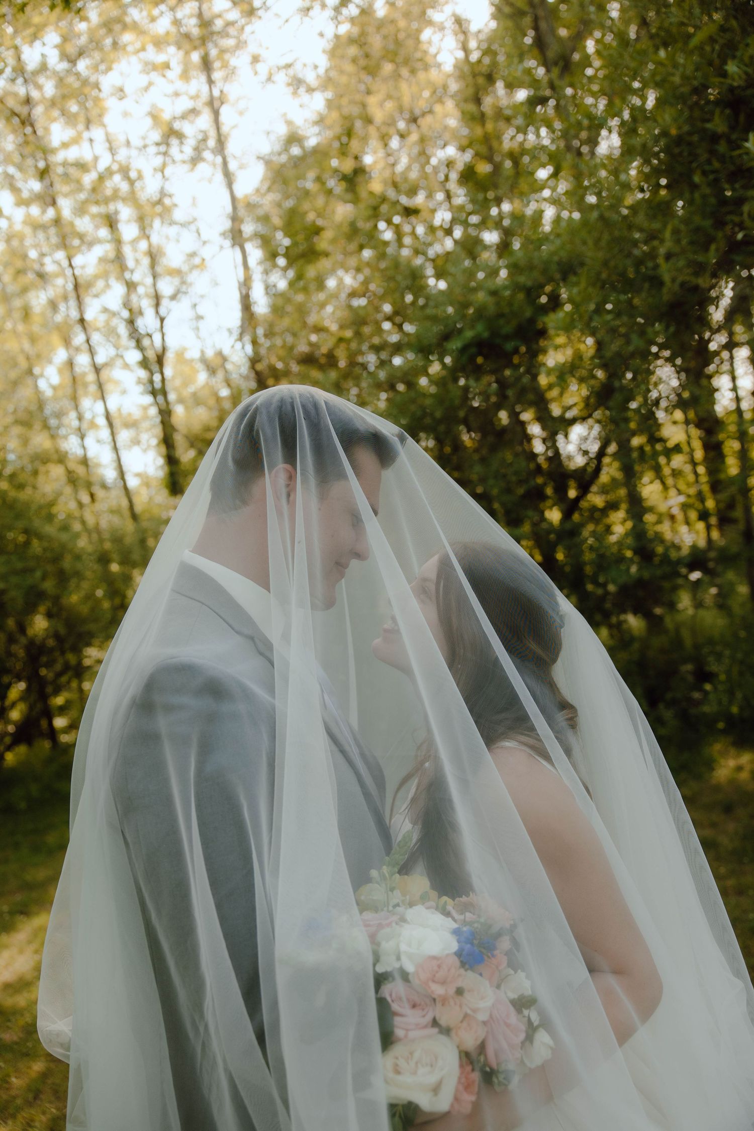 Bride and groom sharing a romantic kiss under a flowing white veil outdoors surrounded by lush green trees.