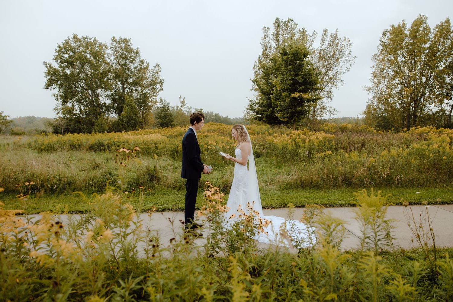 Bride and groom hold hands in a lush green meadow during an outdoor wedding ceremony on a cloudy day.