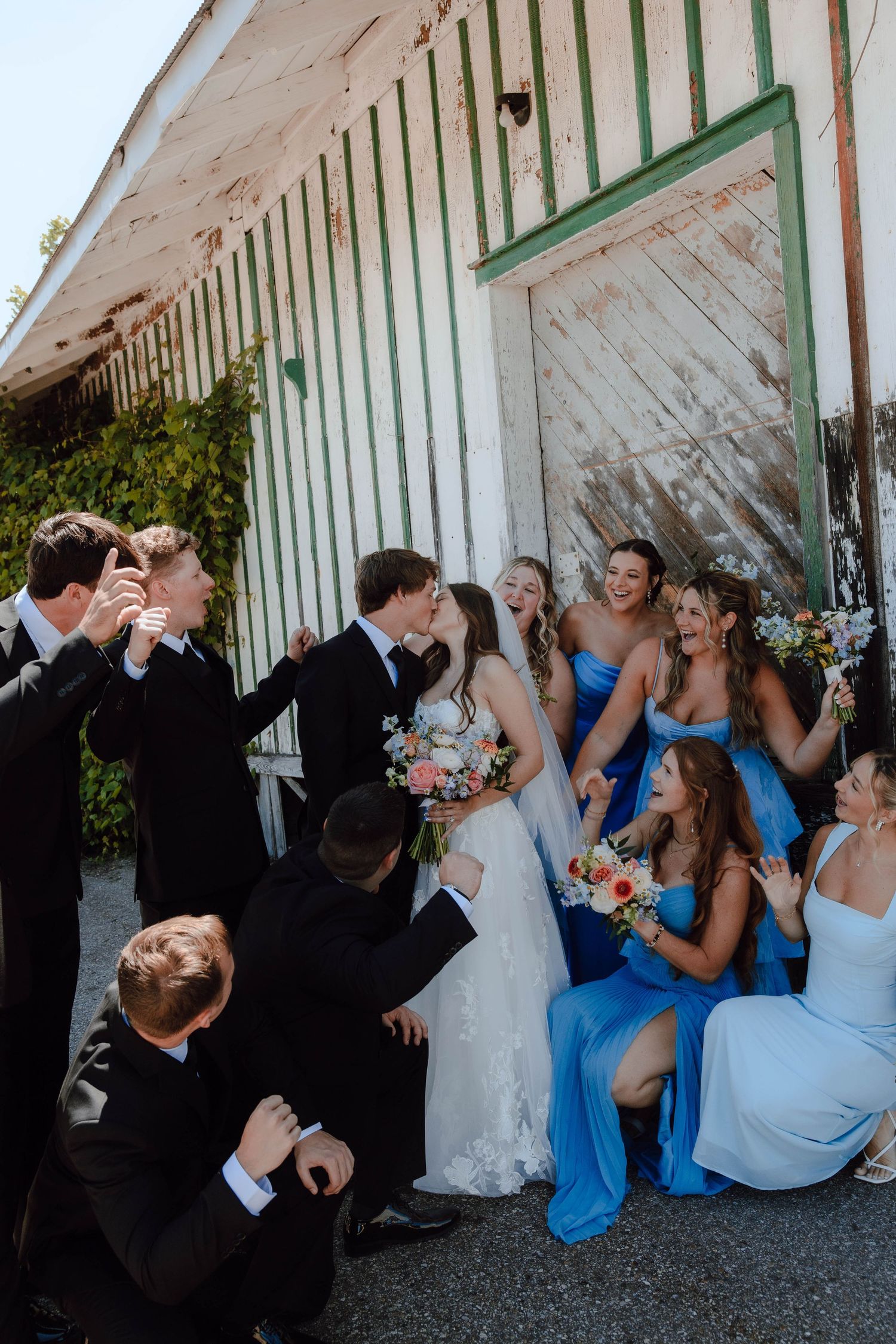 Wedding party celebrates as bride and groom kiss outside rustic barn, bridesmaids in blue gowns cheering around them.