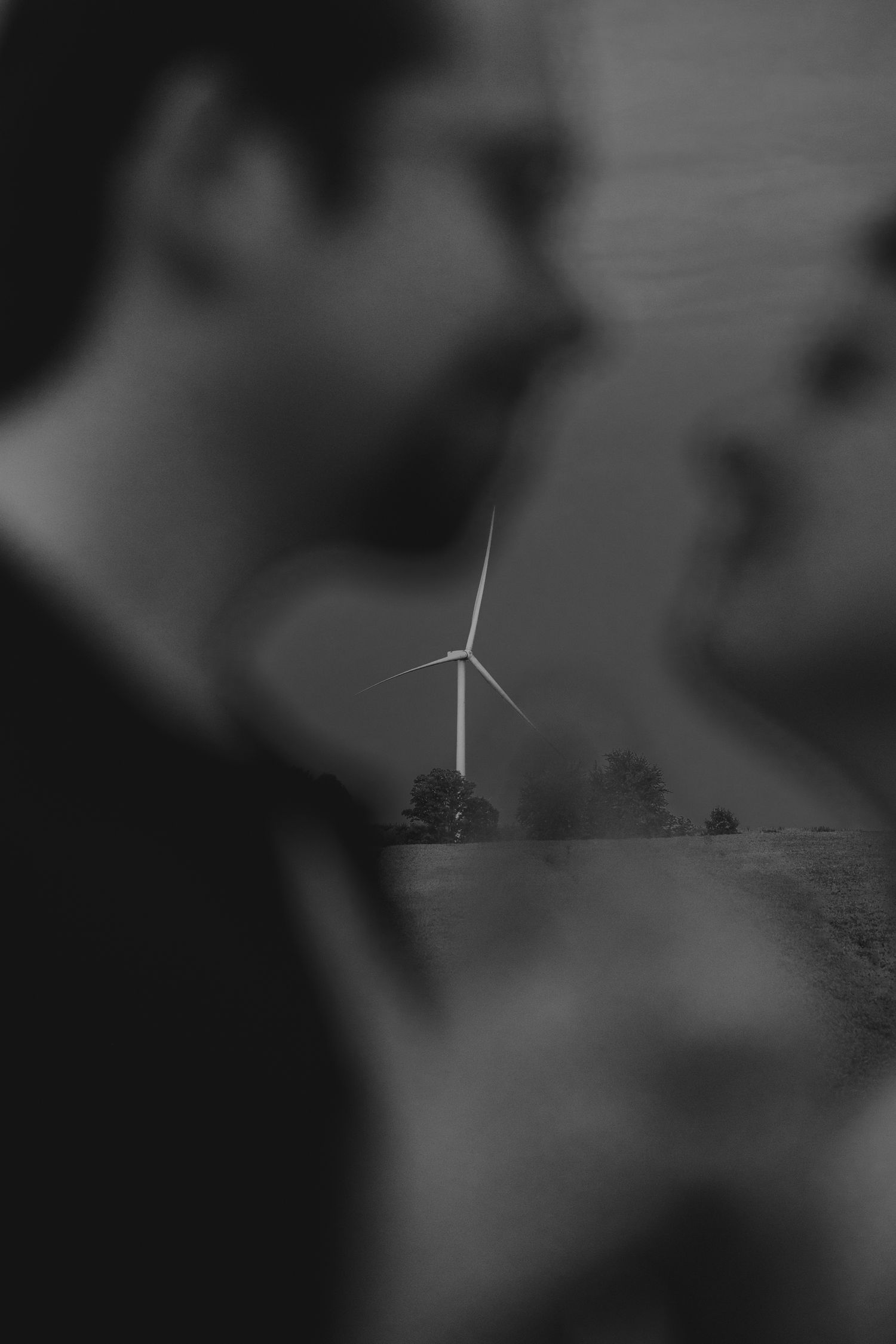 A wind turbine stands tall in the distance, captured through a romantic silhouette foreground.