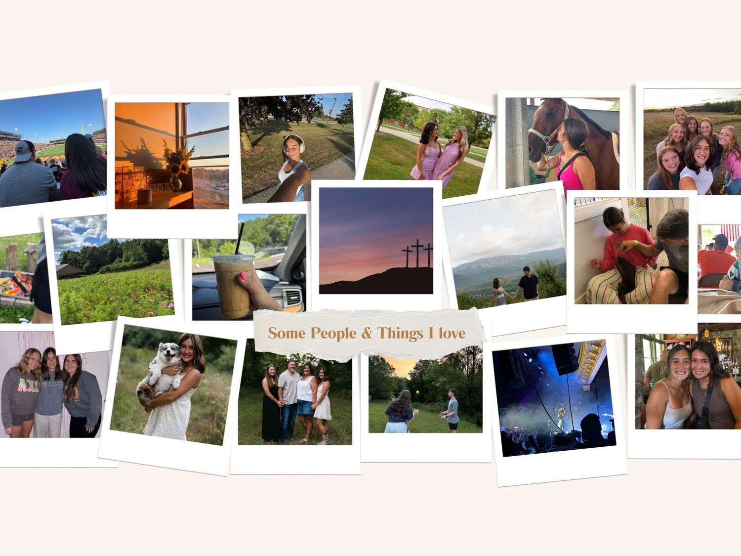A collage of personal photos arranged in a scattered layout against a light background.