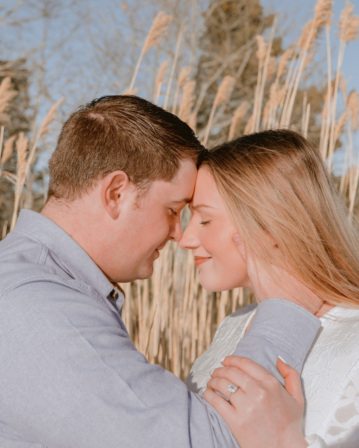 A couple leans foreheads together romantically outdoors near tall golden pampas grass in warm sunlight.