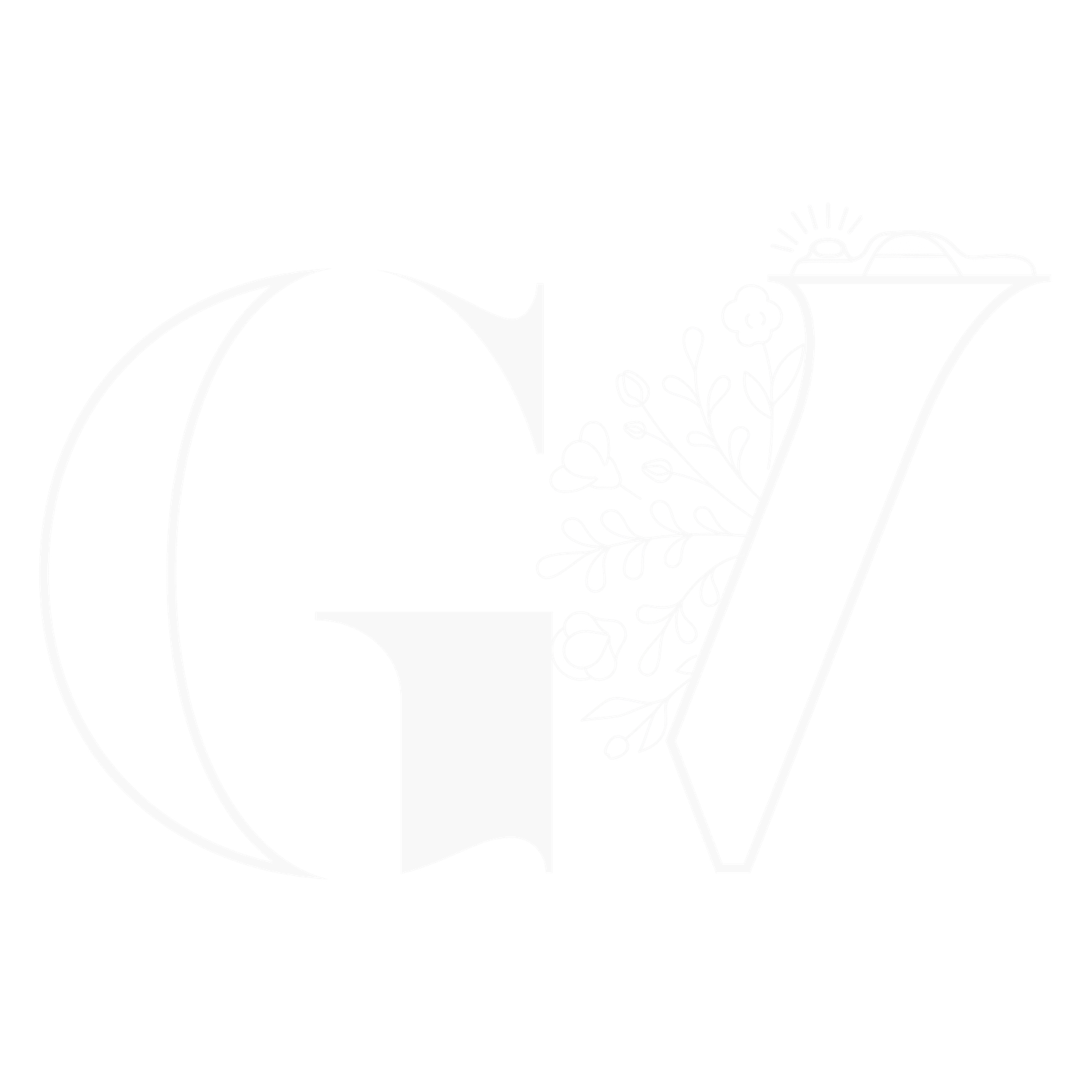 White GV monogram logo with floral details on white background, nearly invisible.