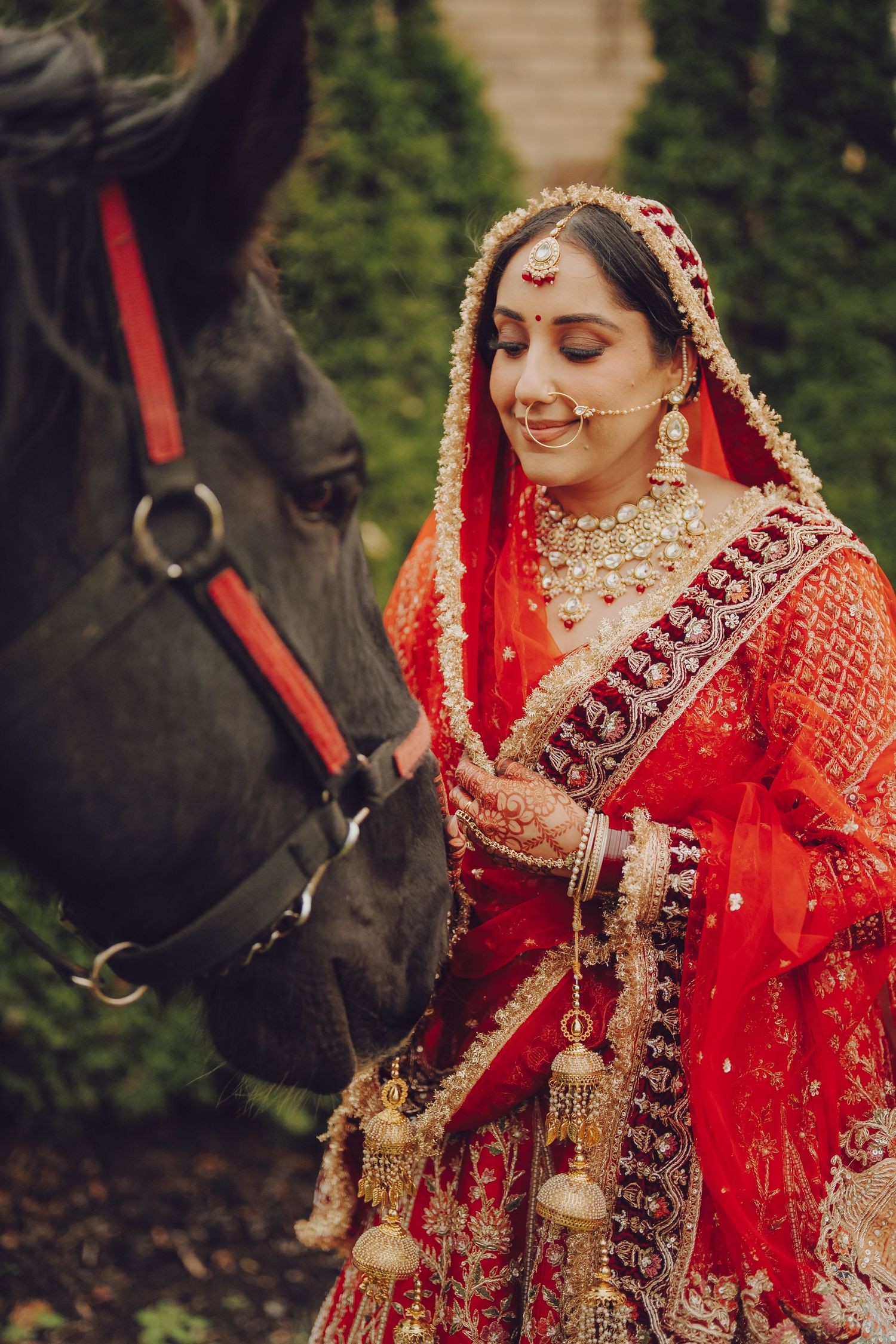 Traditional Indian bridal attire photographed with a black horse in an outdoor garden setting.