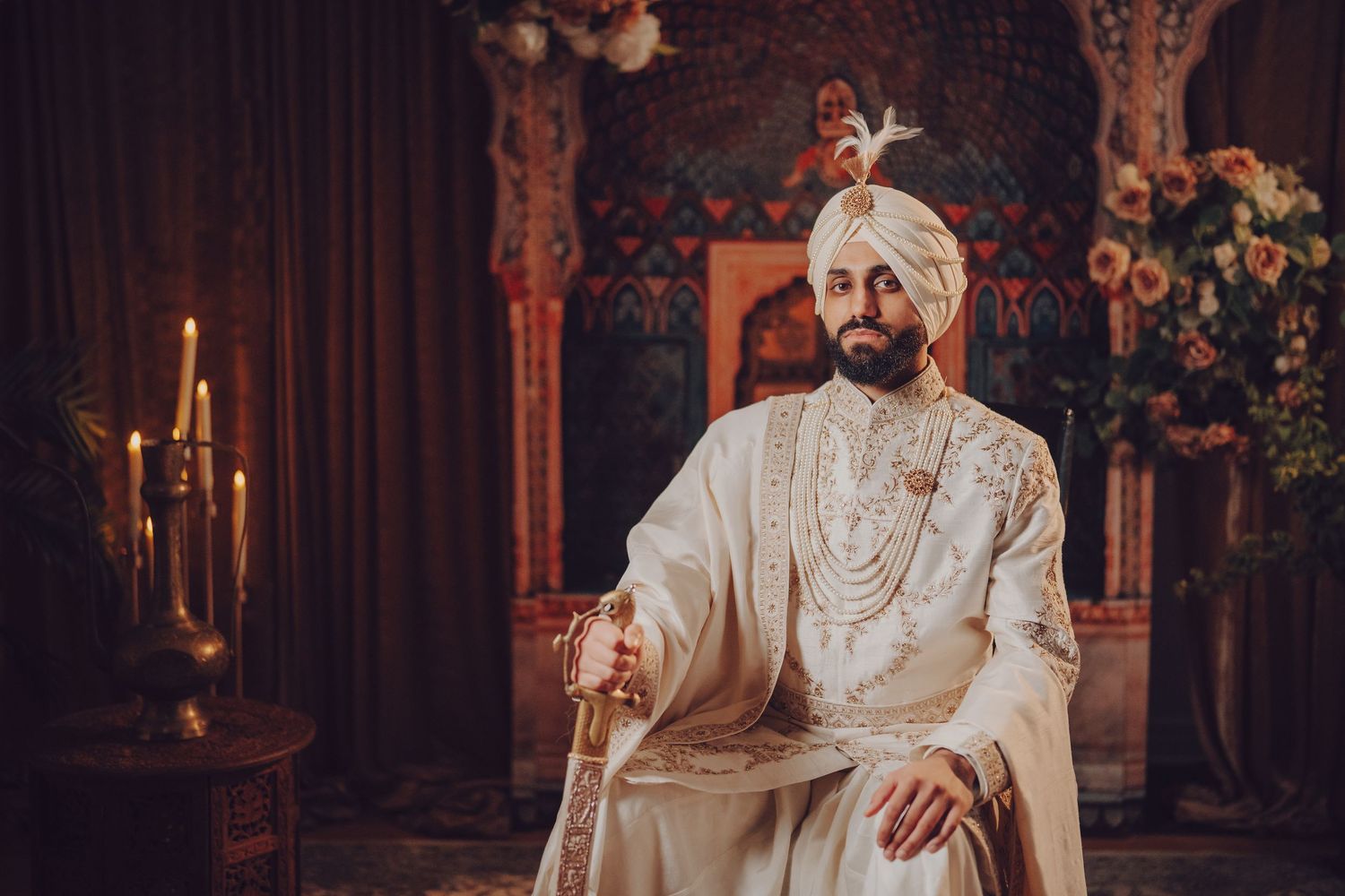 Traditional Sikh wedding ceremony with decorative elements and formal attire.