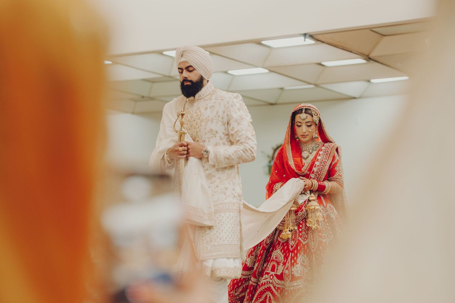 Traditional Sikh wedding ceremony with couple participating in religious rituals.