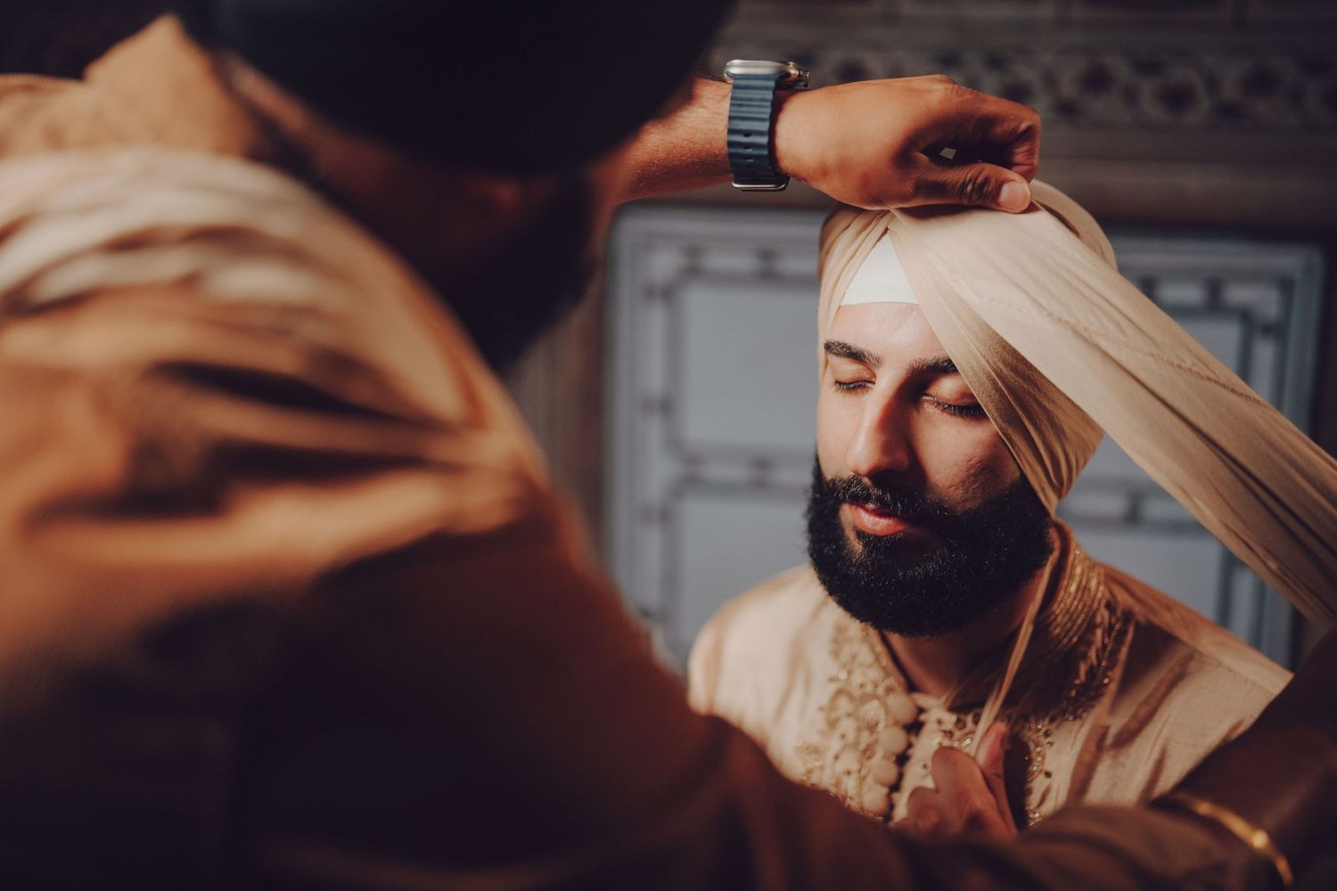 Close-up details of traditional Sikh wedding ceremony preparations.