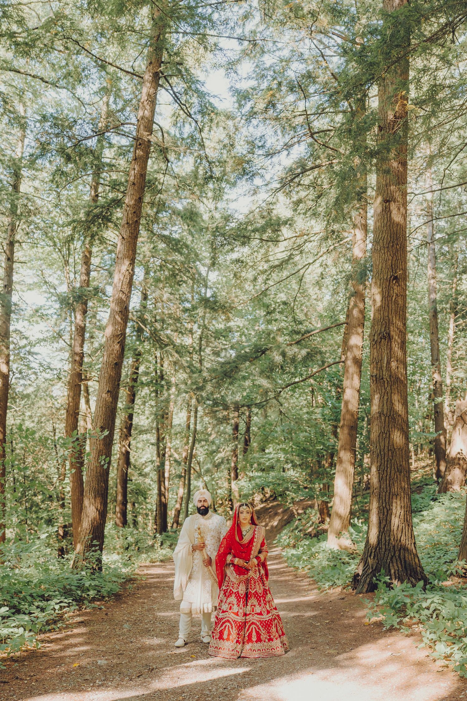 A couple walking hand in hand through a serene forest path surrounded by tall evergreen trees.