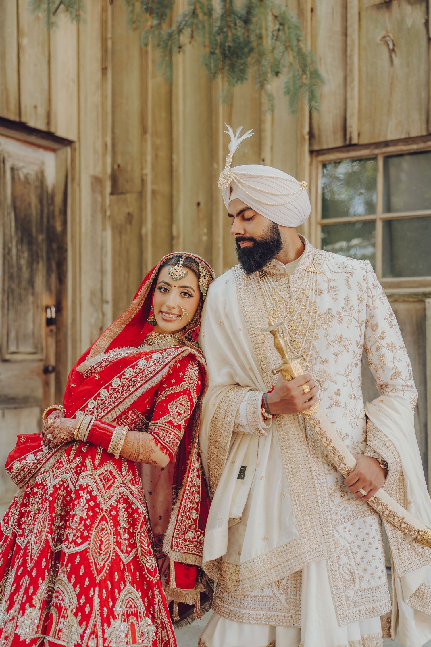 Romantic wedding photography sequence showing couple in traditional Sikh attire against rustic backdrop.