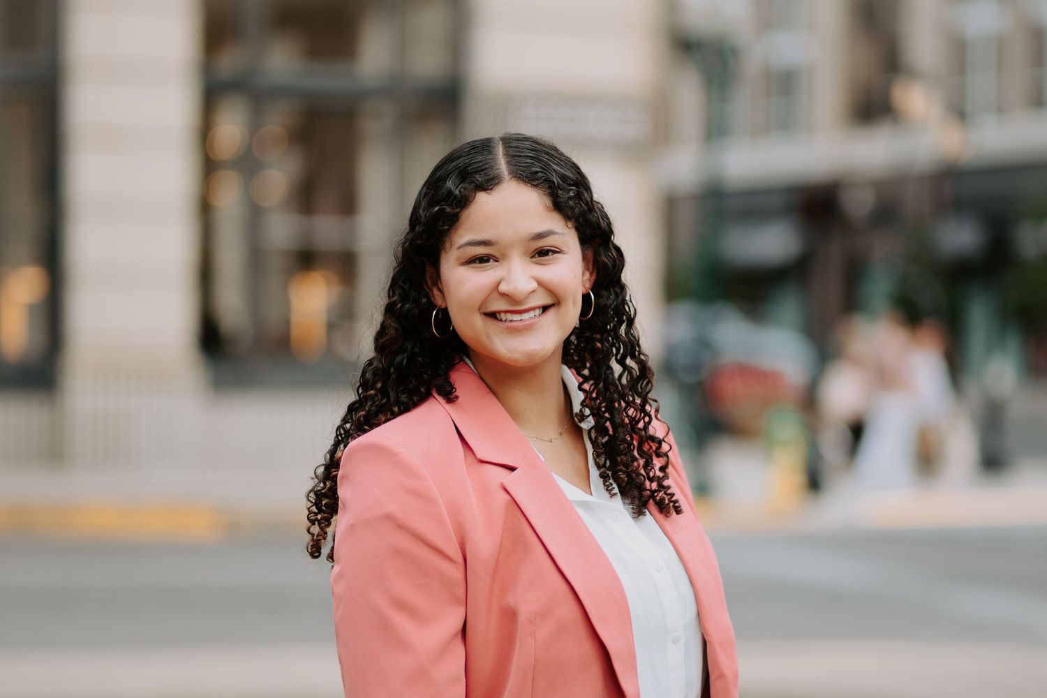Professional headshot, downtown lexington kentucky, pink blazer