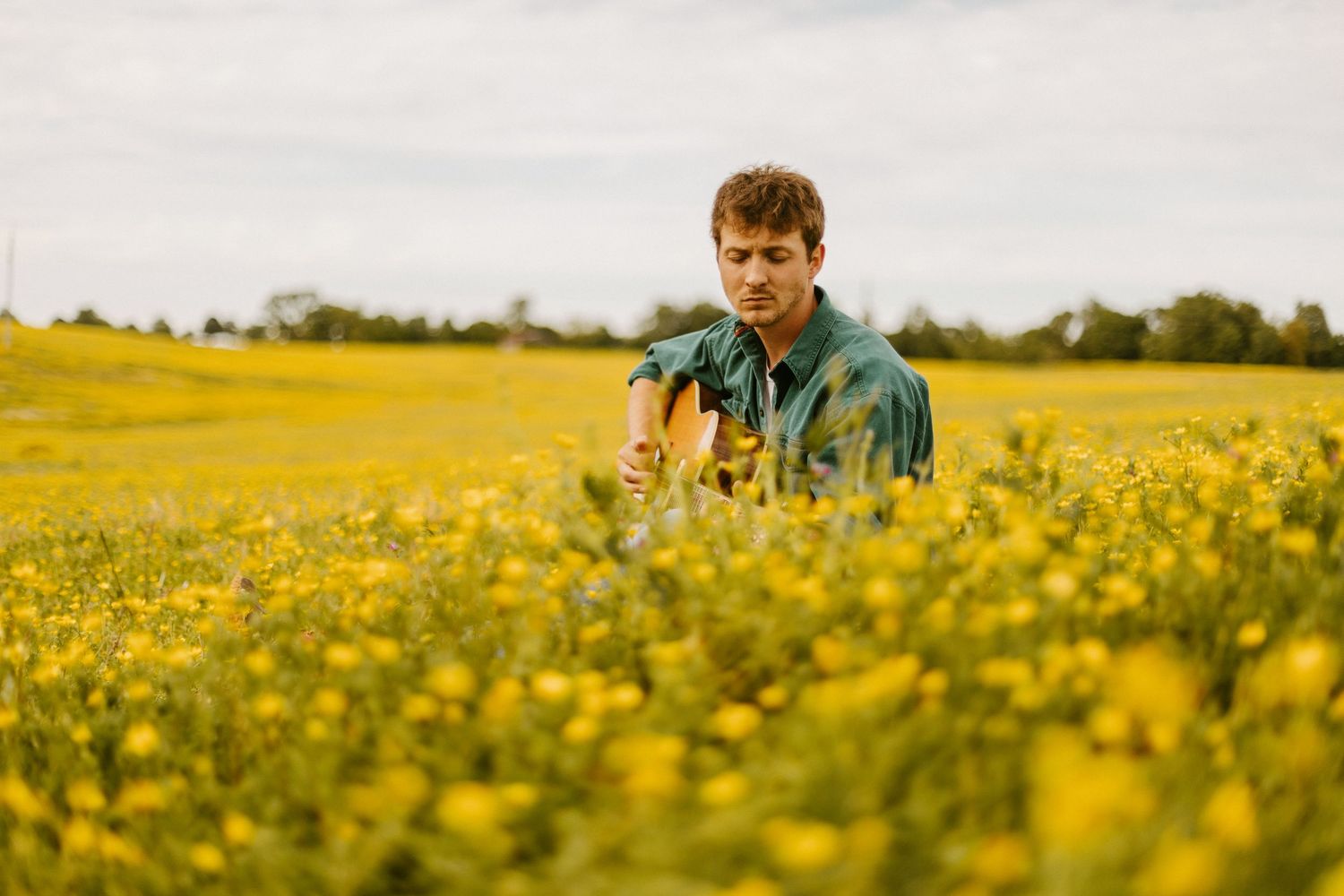 Man playing guitar in a field of yellow wildflowers, hunter flynn