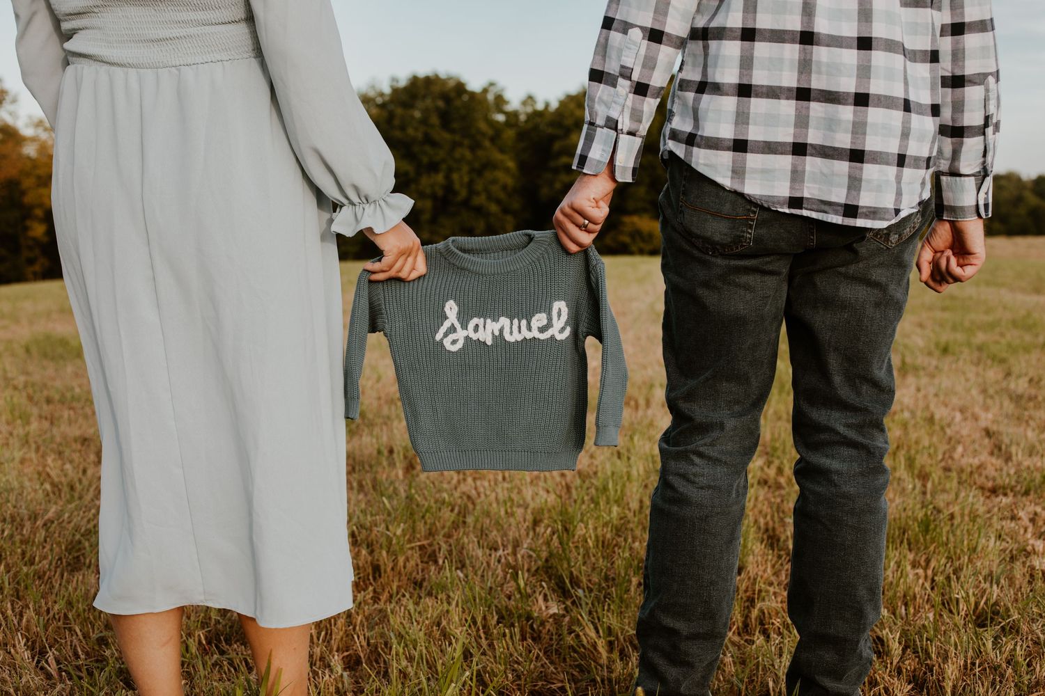 Golden hour maternity shoot, couple walking through field, kentucky photographer