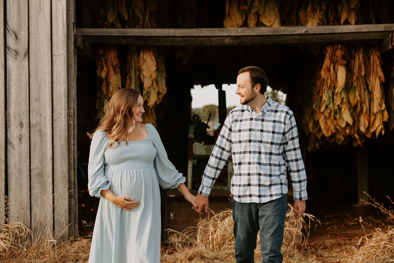 Golden hour maternity photo of expecting couple in front of tobacco barn