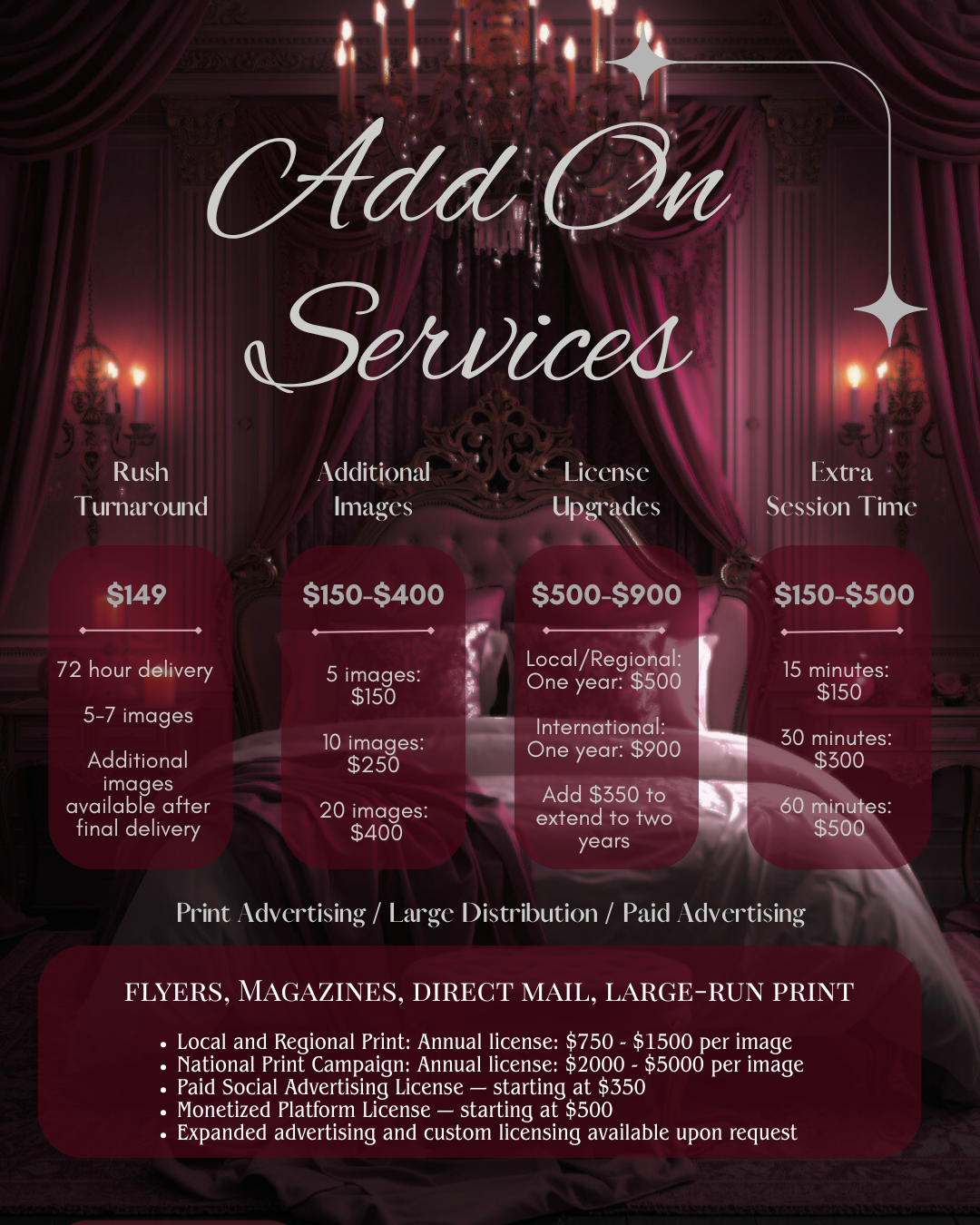 Dark red menu of photography add-on services and pricing with chandelier background.