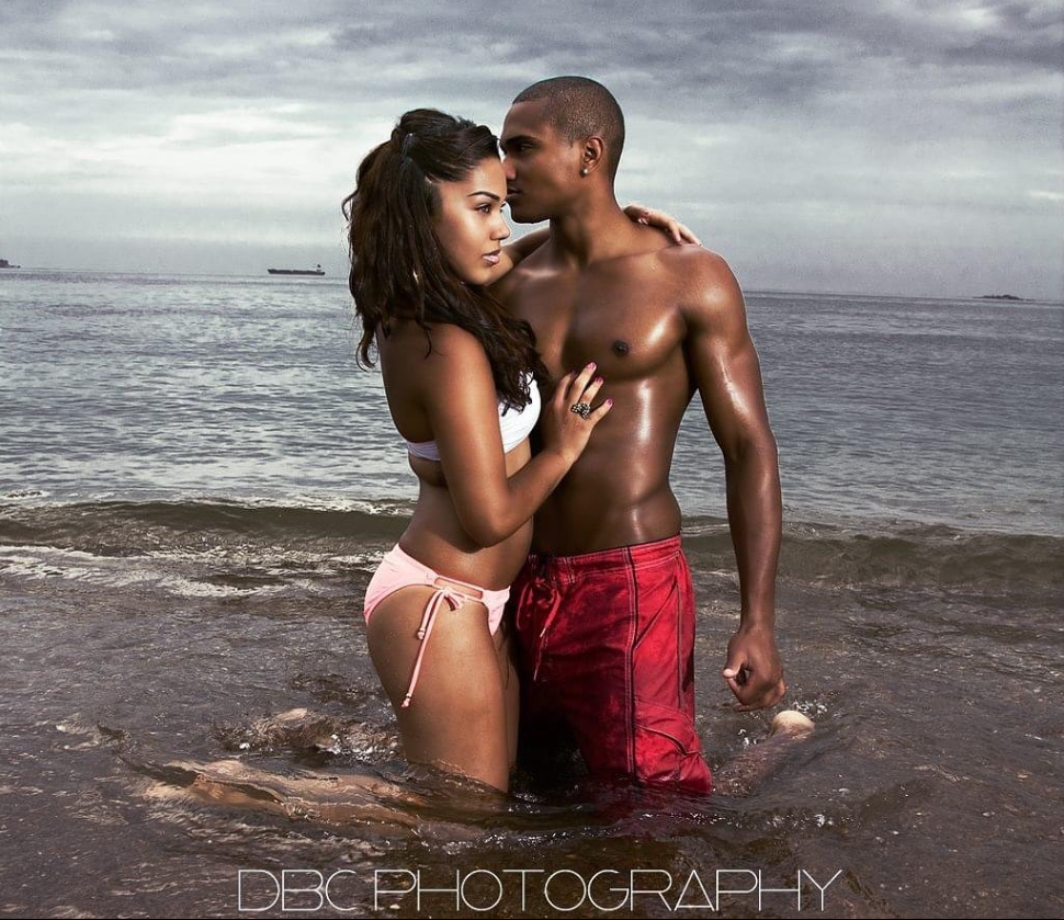 Romantic beach photoshoot showing intimate couple poses at sunset.