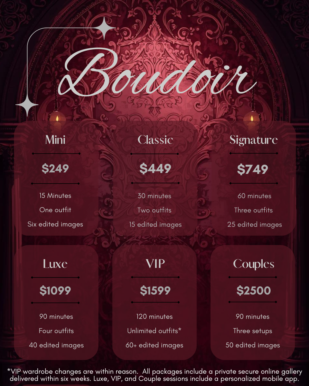 Dark red pricing menu displaying various boudoir photography session packages and rates.