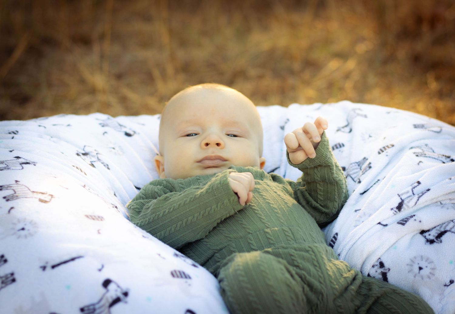 Peaceful baby in green outfit lying on decorative pillow blanket in outdoor nature setting.