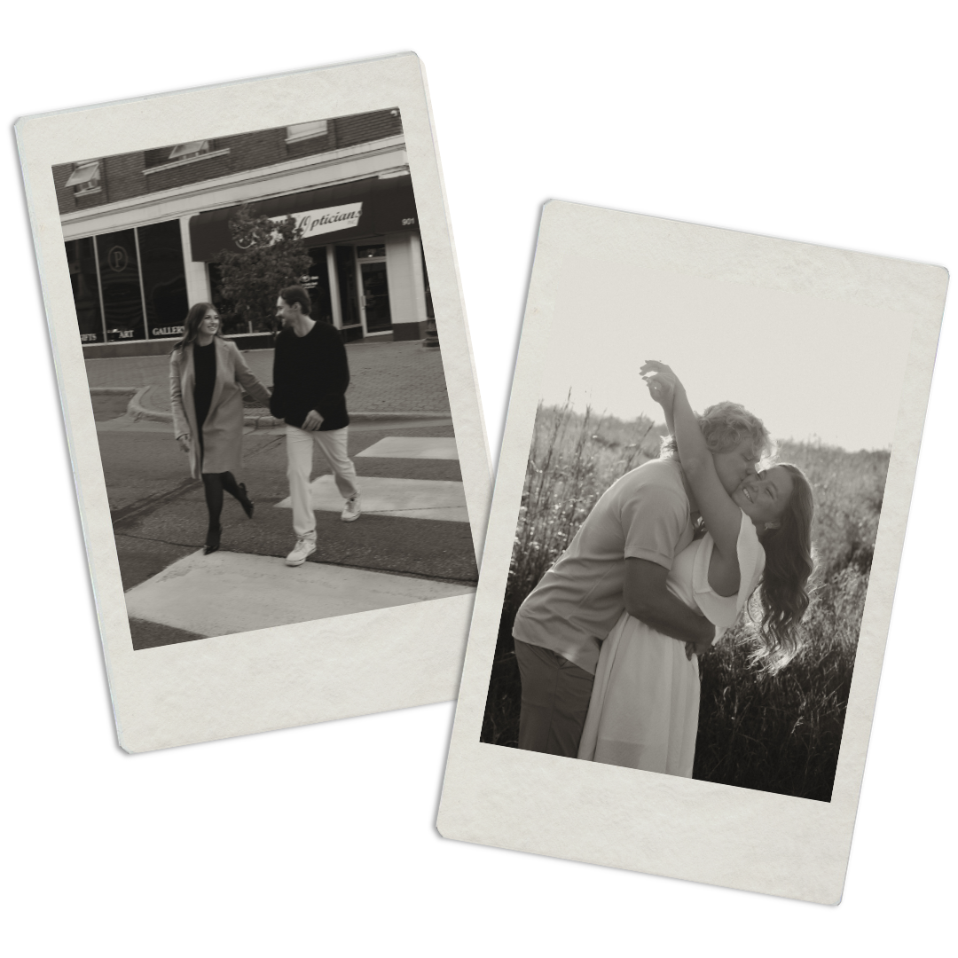 Two black and white Polaroid photos of couples, one walking in a city and one embracing in a field.