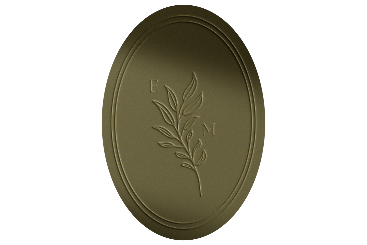 An elegant olive green oval wax seal stamp featuring an embossed botanical leaf branch design.