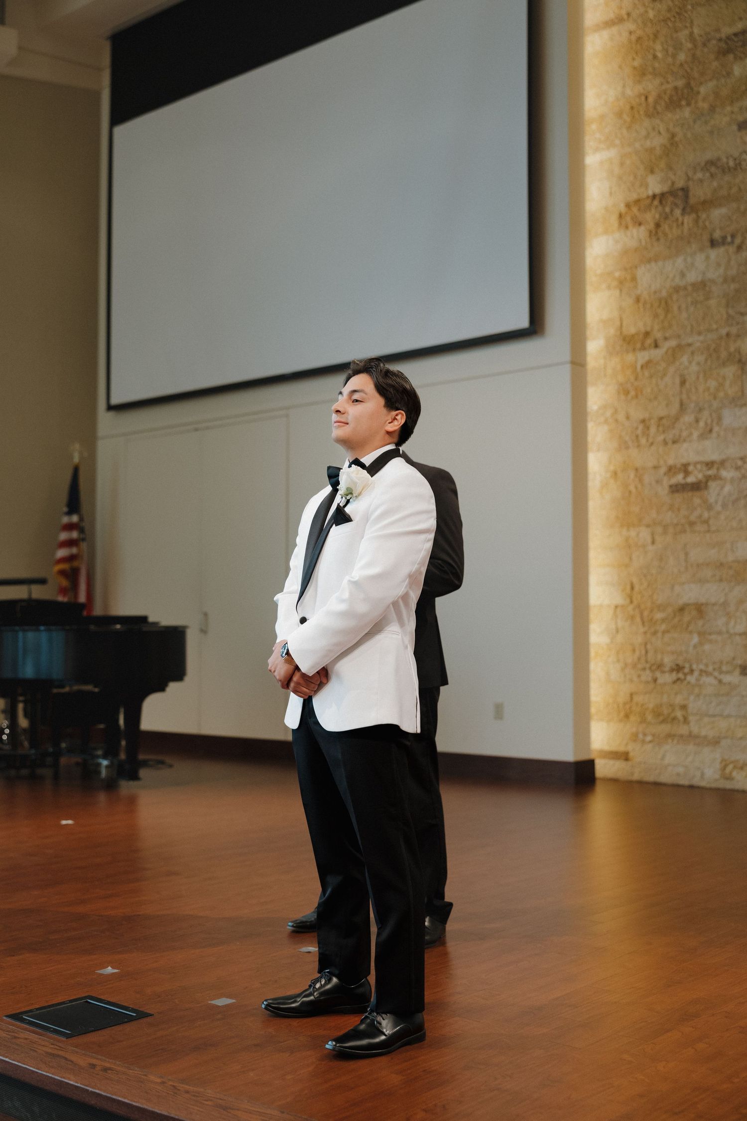 A series of candid shots showing a formal-dressed person on a wooden floor in an elegant venue.