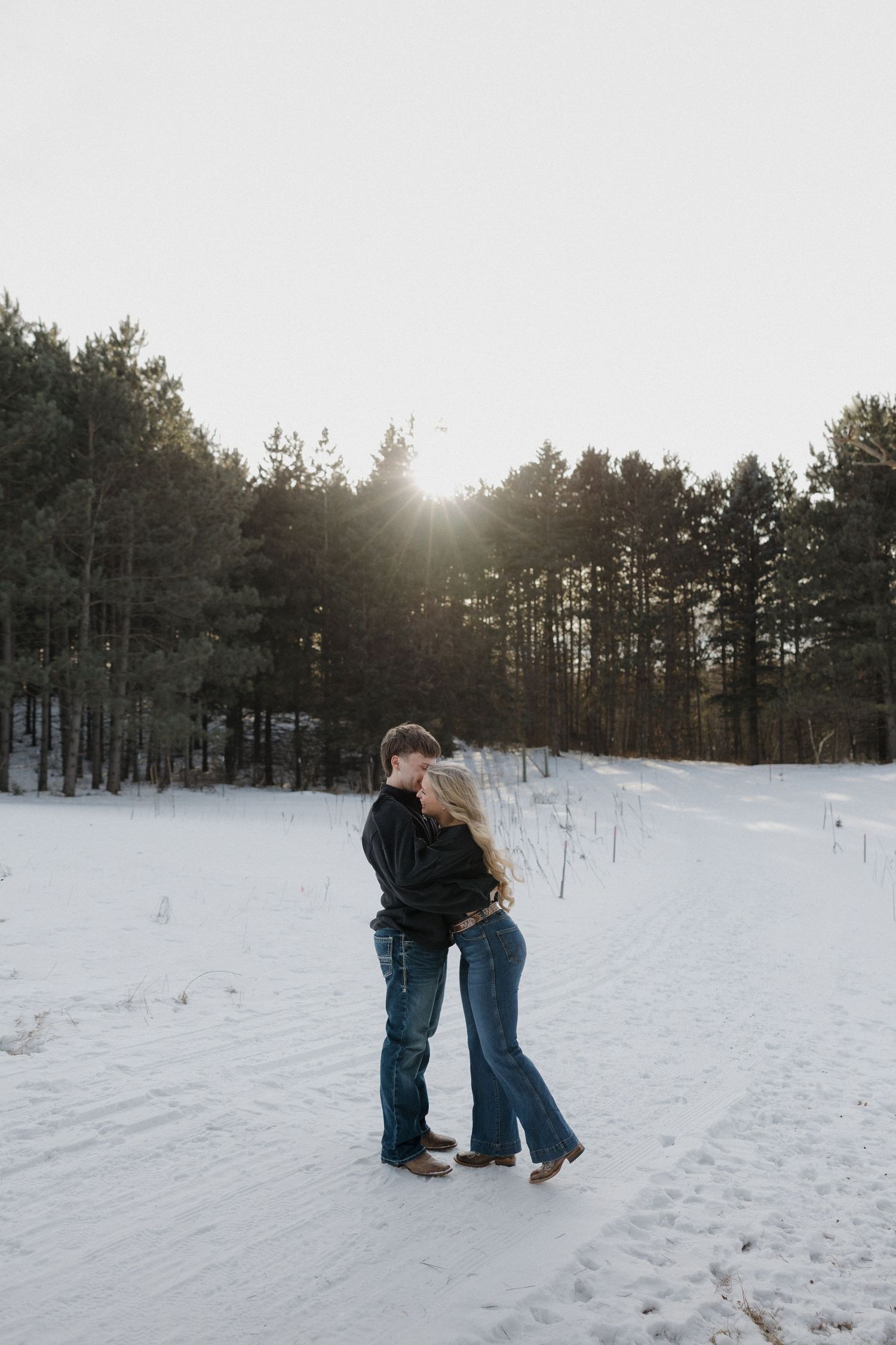Romantic couple sharing a kiss in a snowy clearing surrounded by pine trees with golden sunlight behind them.