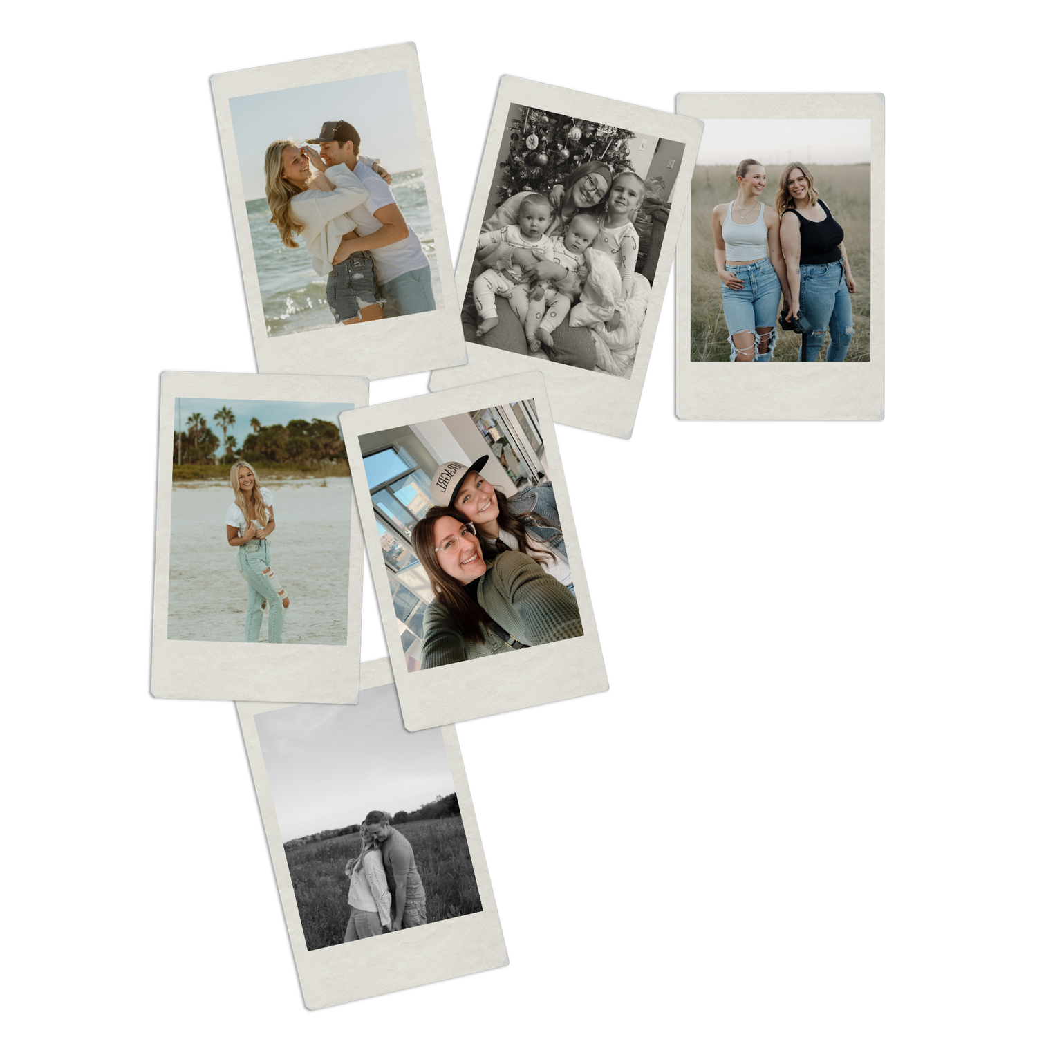 Collage of six Polaroid-style photos showing candid moments of friends and couples in various settings.