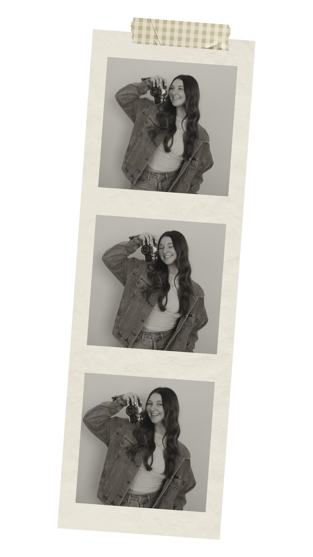 Black and white photo strip of young woman in denim jacket holding a film camera, taped with gingham tape.