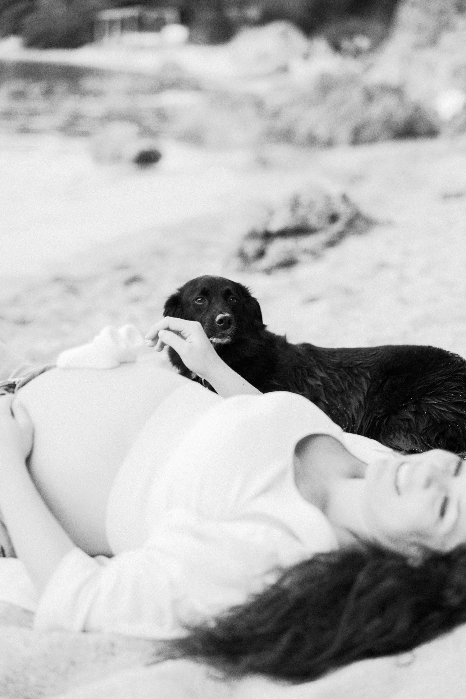 A black dog rests on the sand next to someone lying down in a white top.