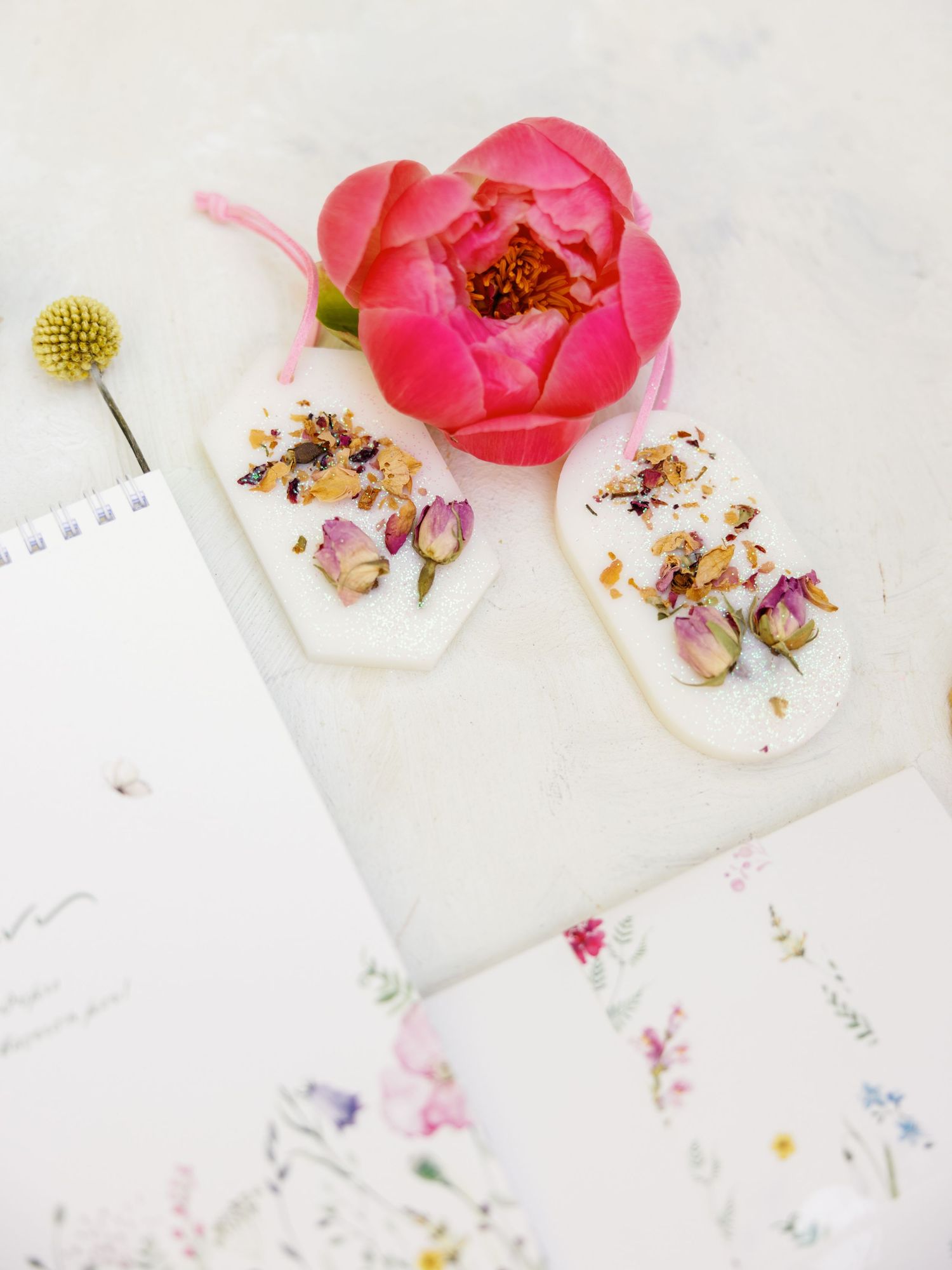 Pink camellia flowers and dried petals arranged with white paper notes on a light marble surface for creative styling.