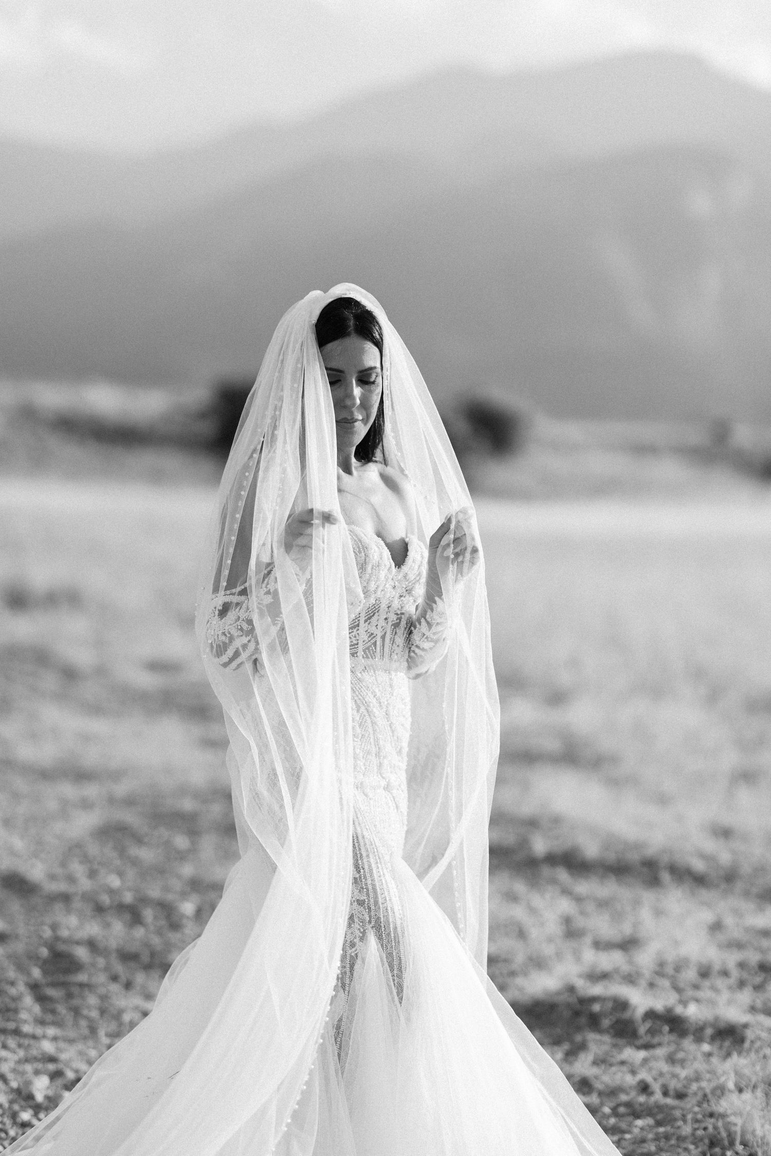 Artistic black and white bridal portraits with flowing veil against mountain landscape.