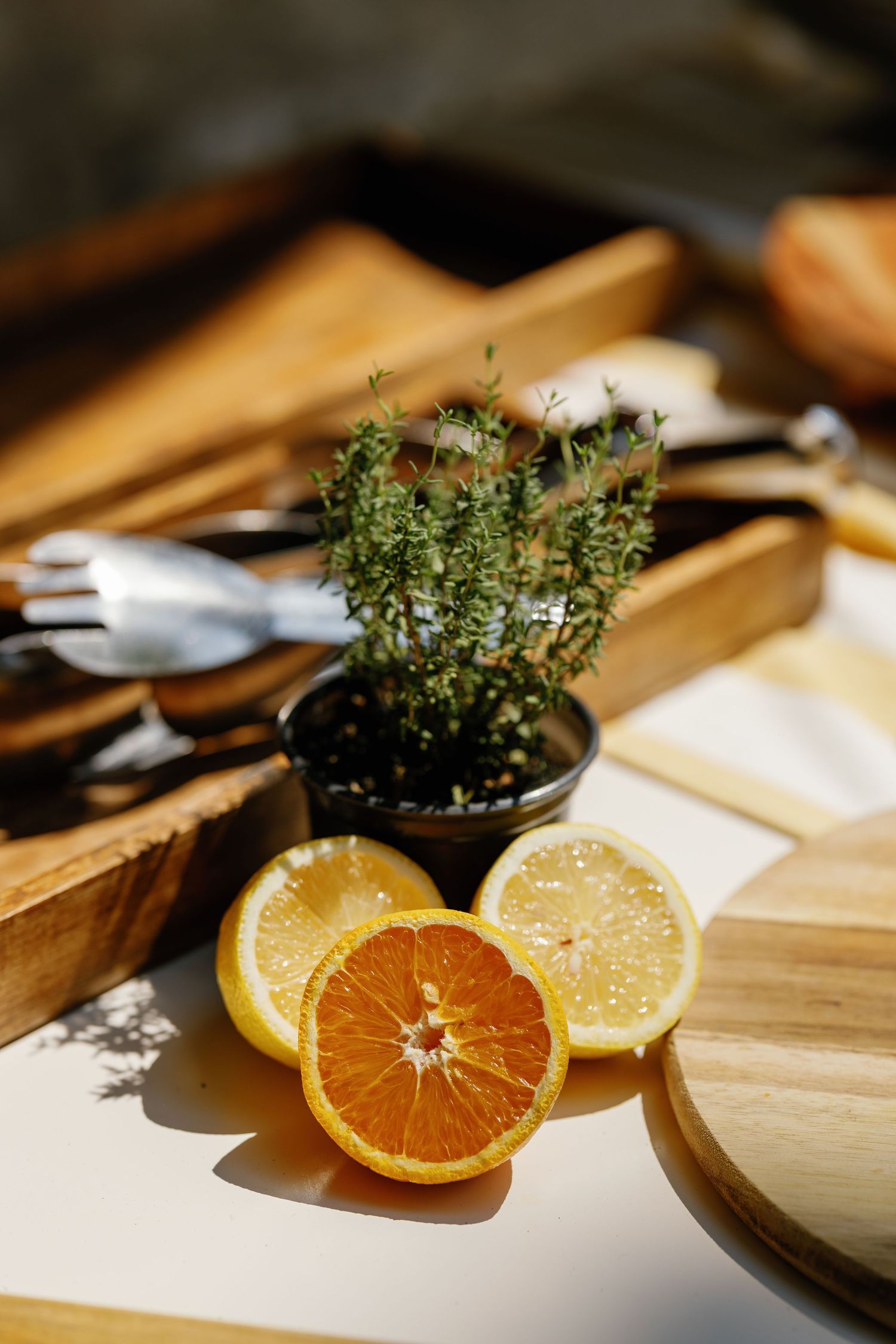 Fresh citrus fruits and herbs arranged on a wooden cutting board in natural sunlight.