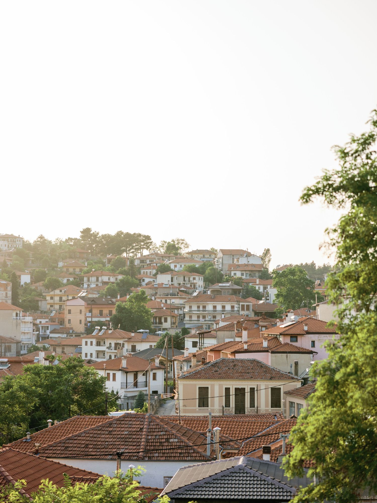 Mediterranean hillside town with traditional terracotta roofs and white buildings cascading down the slope.