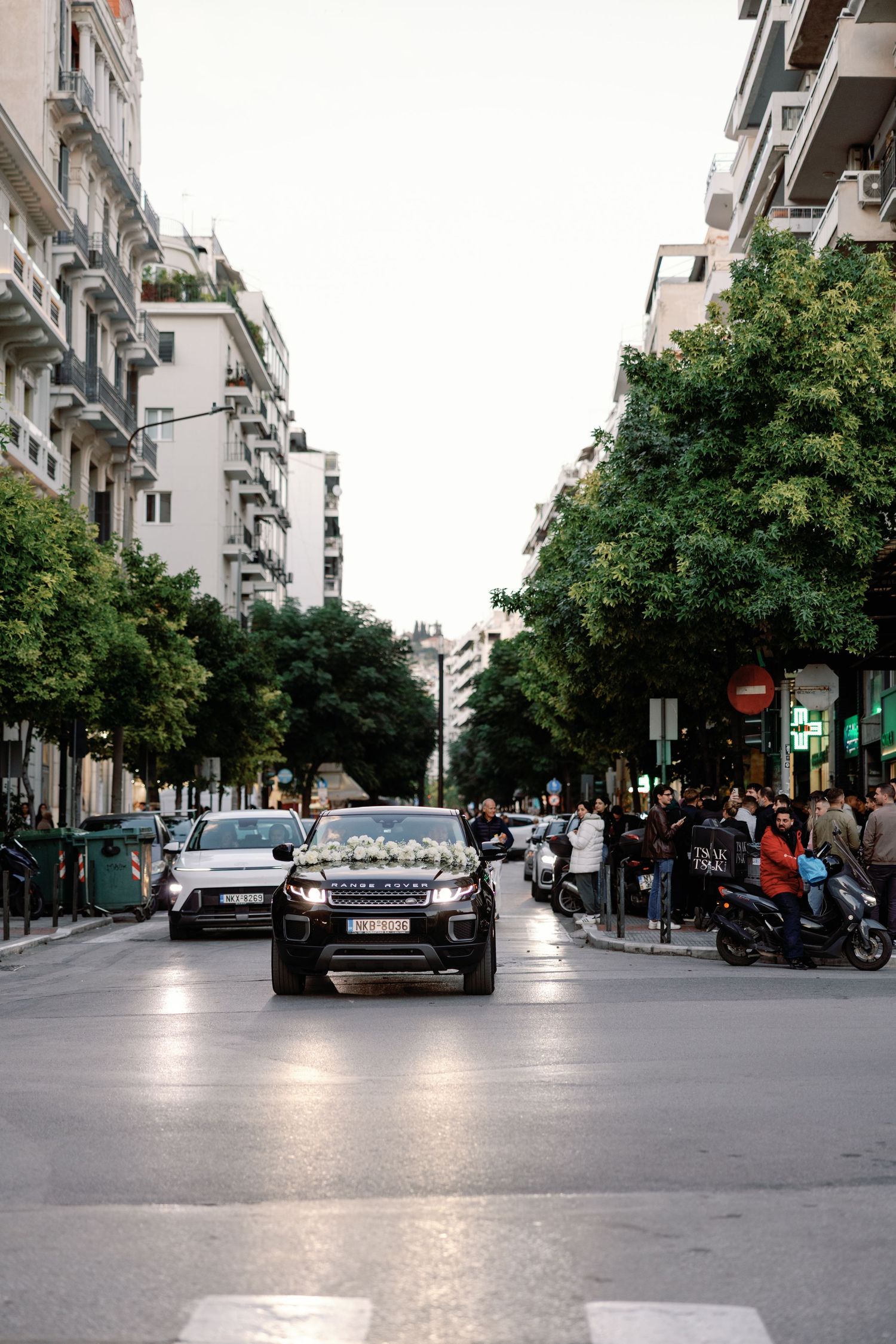 Urban street scene with parked cars and apartment buildings lined with trees.