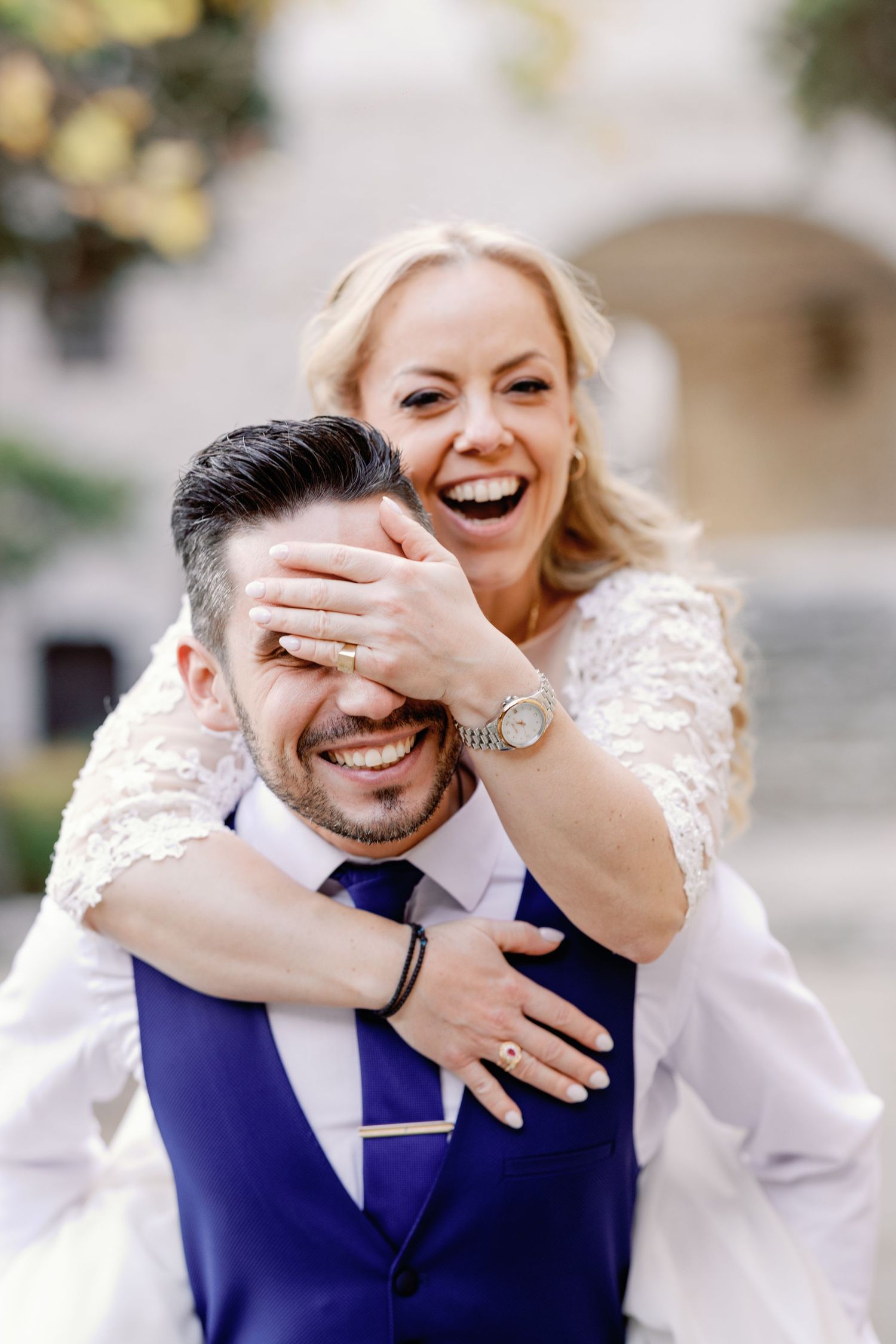 Playful wedding photo sequence showing joyful reactions and ring display.