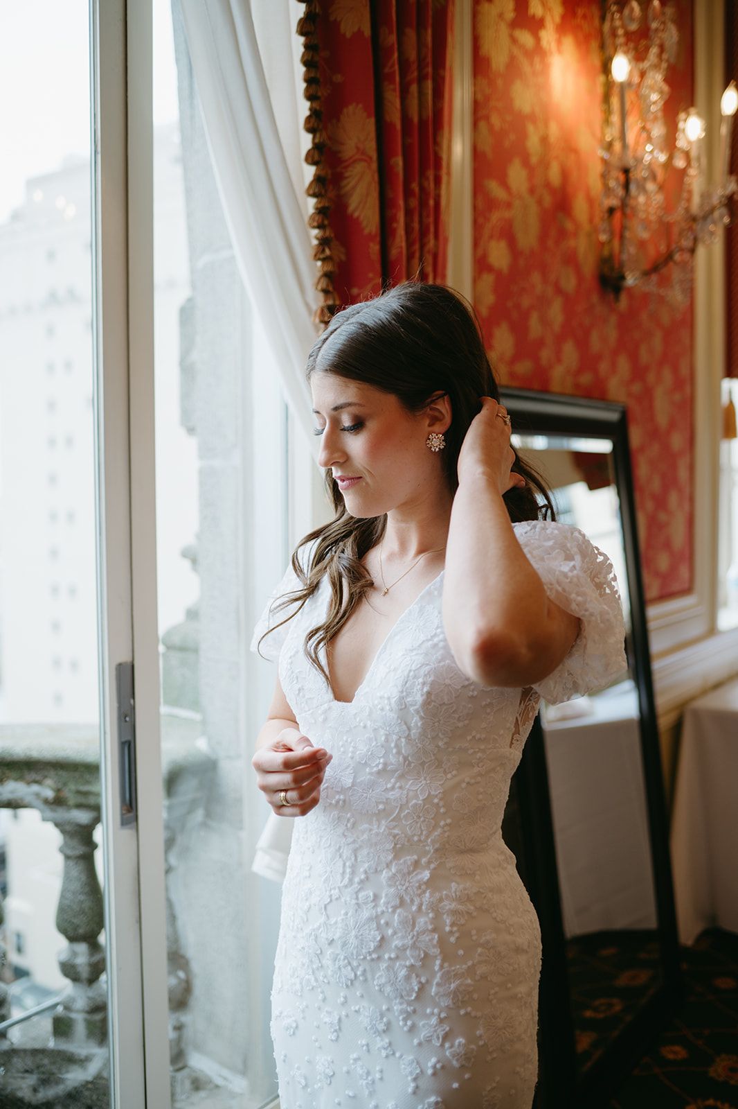 Bridal portrait in a white lace wedding dress at the Fort Worth Club.
