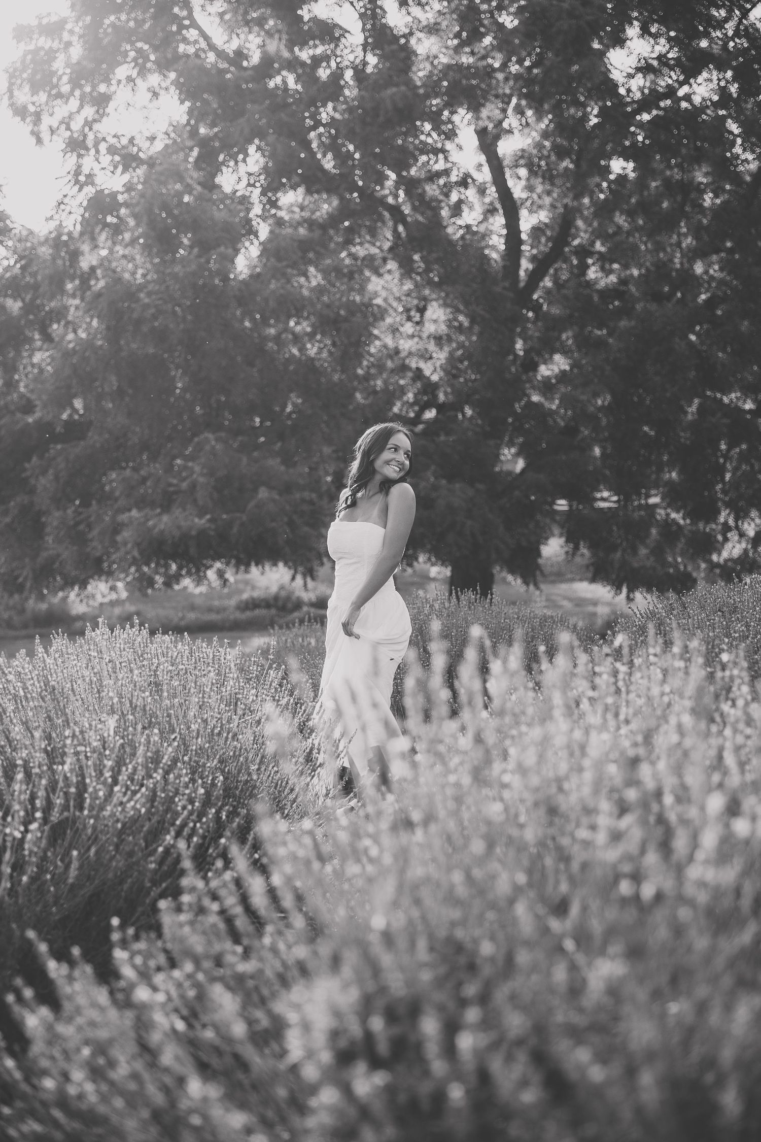 Black and white photo of a smiling young woman in a white dress sitting among lavender fields with trees in background. Katie Chamberlain