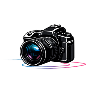 A sleek black DSLR camera with a colorful lens and vibrant blue and pink light trails on a white background.