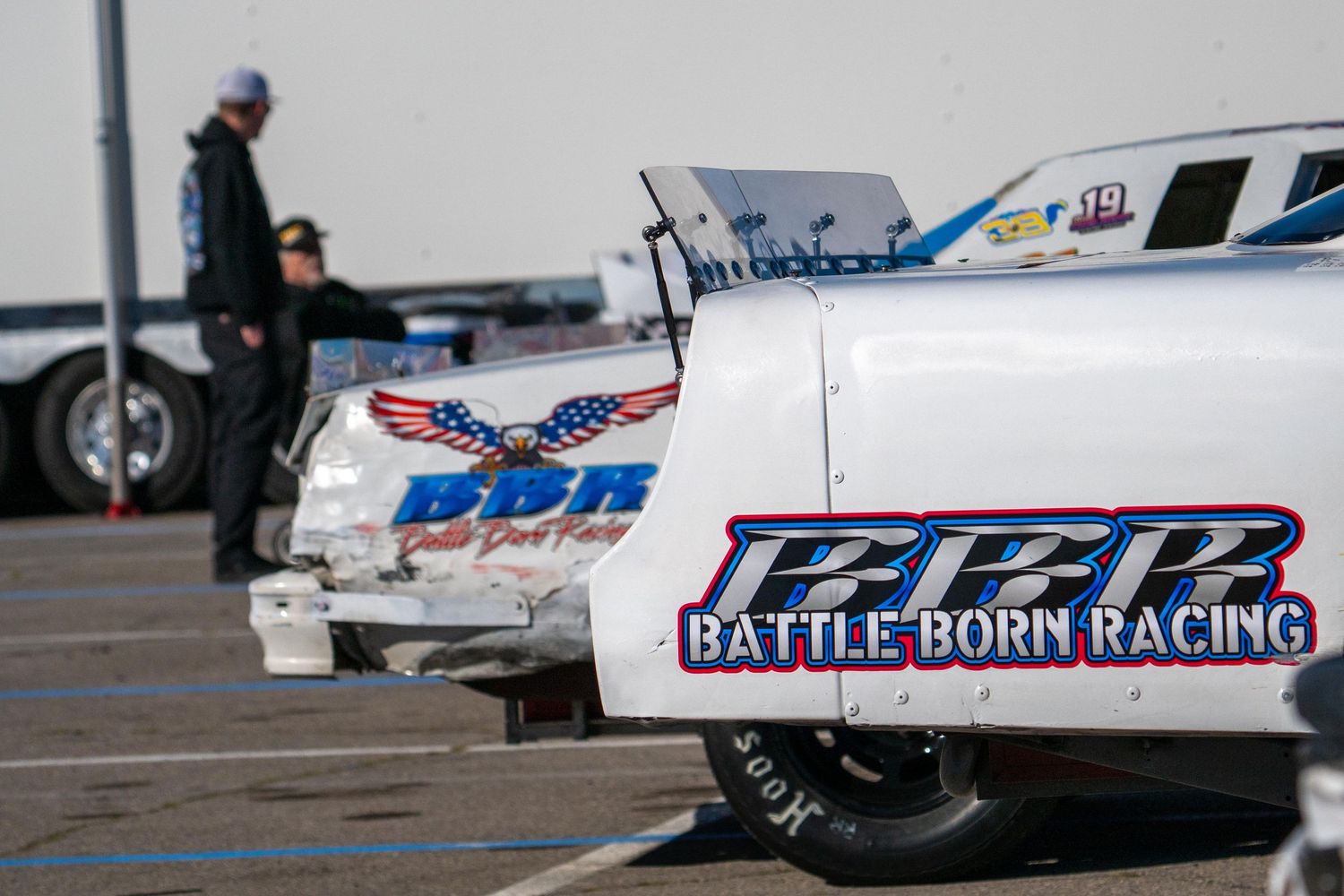 Battle Born Racing team car parked in pit area at Las Vegas Motor Speedway race event.