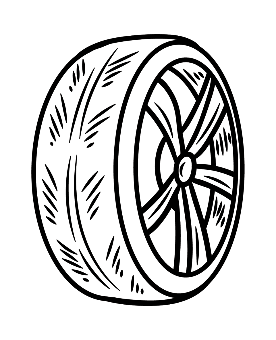 Black and white sketch illustration of a motorsport racing tire with detailed spoke rim.