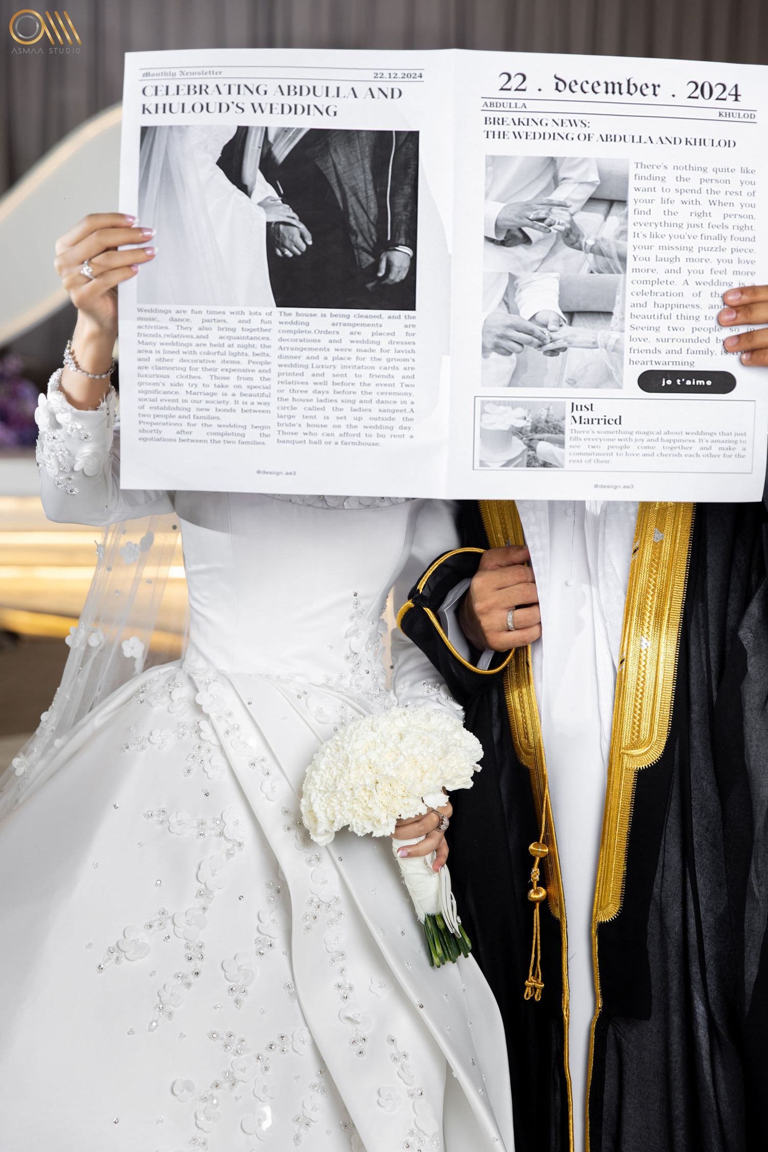 Wedding announcement layout featuring December 2024 date and formal photography.