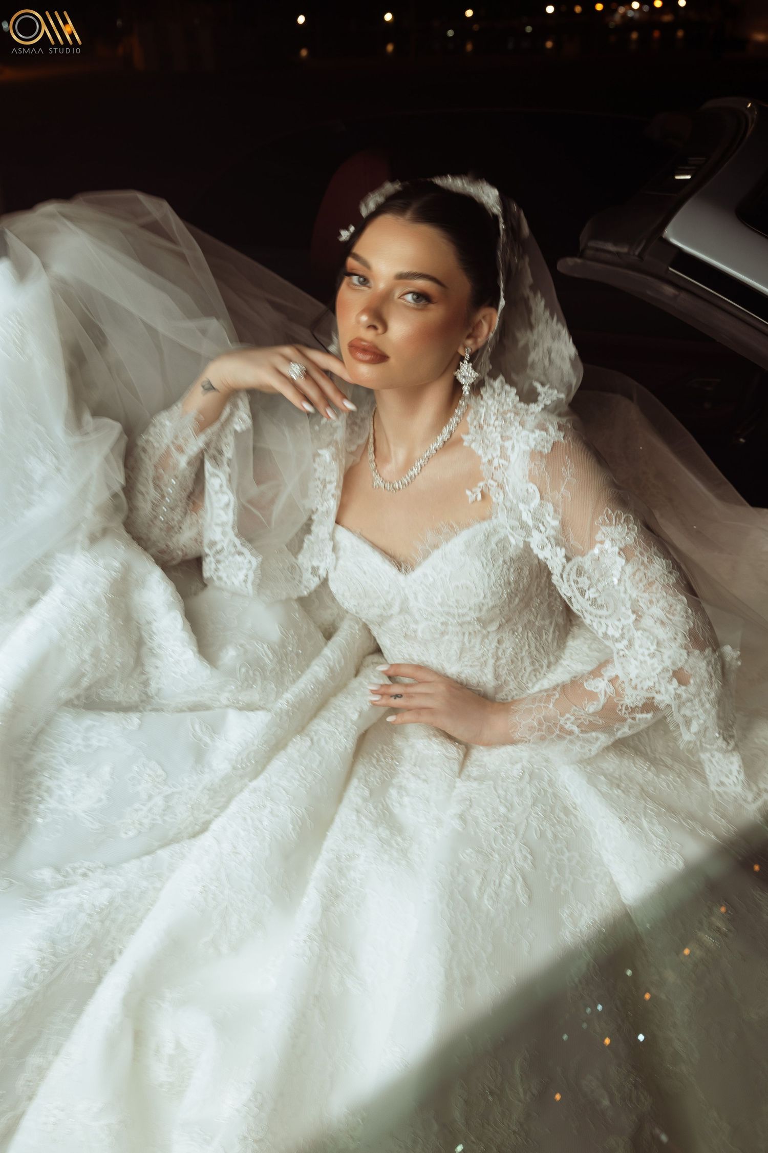 Stunning bridal portrait featuring a detailed lace gown and sparkling accessories.