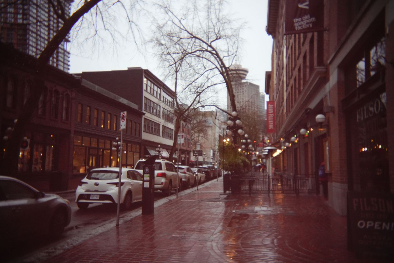 Rainy city street with historic brick buildings and bare winter trees.