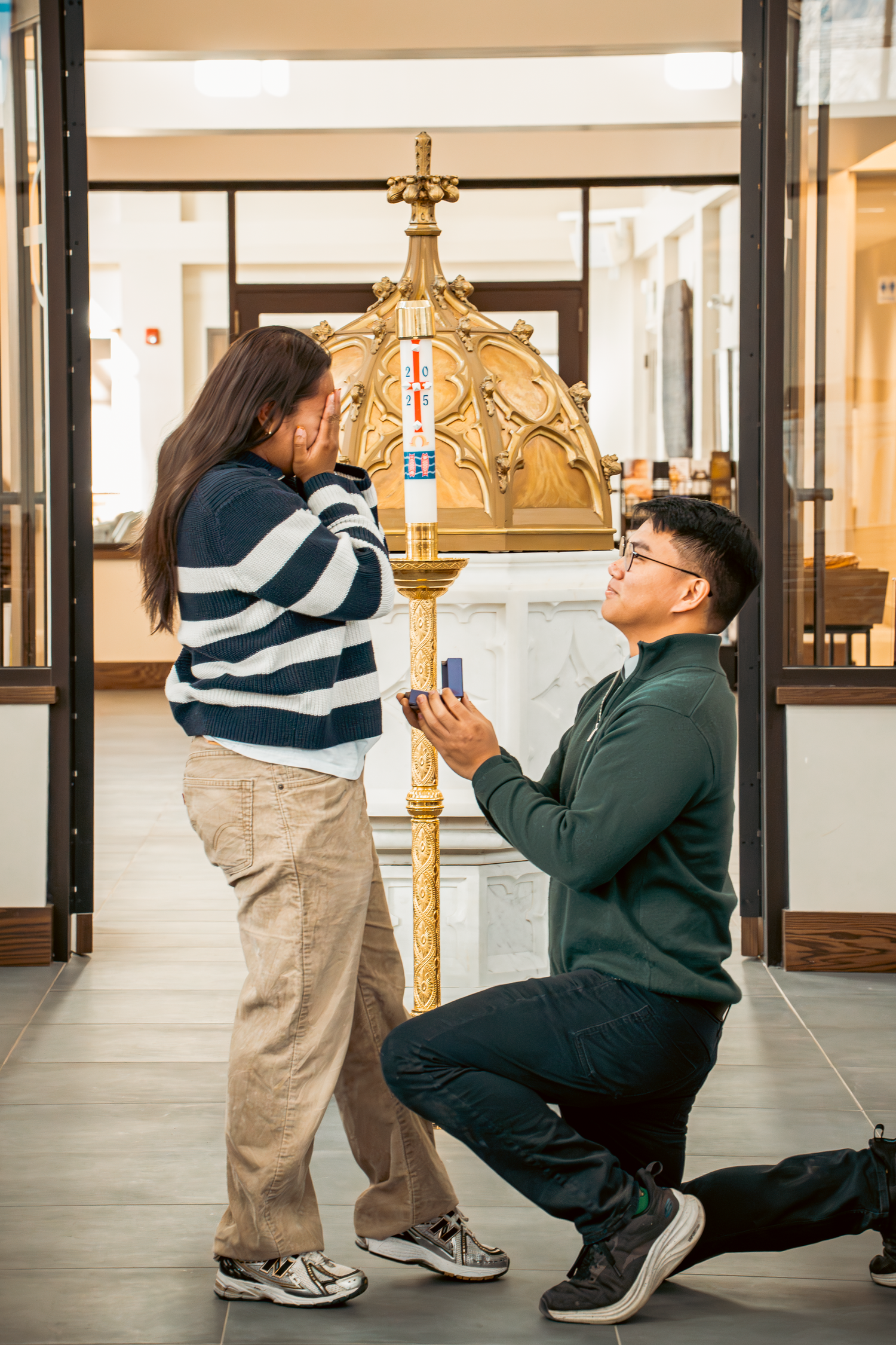 A sequence of photos showing a proposal moment inside a building with ornate gold decor.