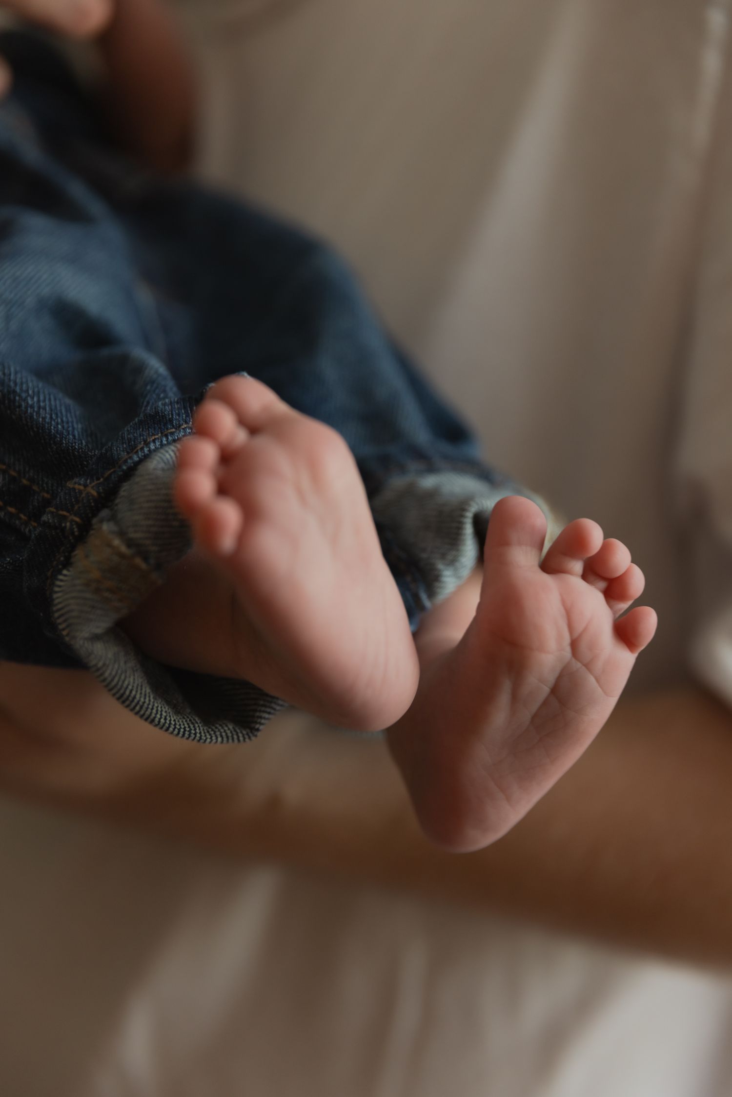 Close-up view of tiny baby feet in soft natural lighting.
