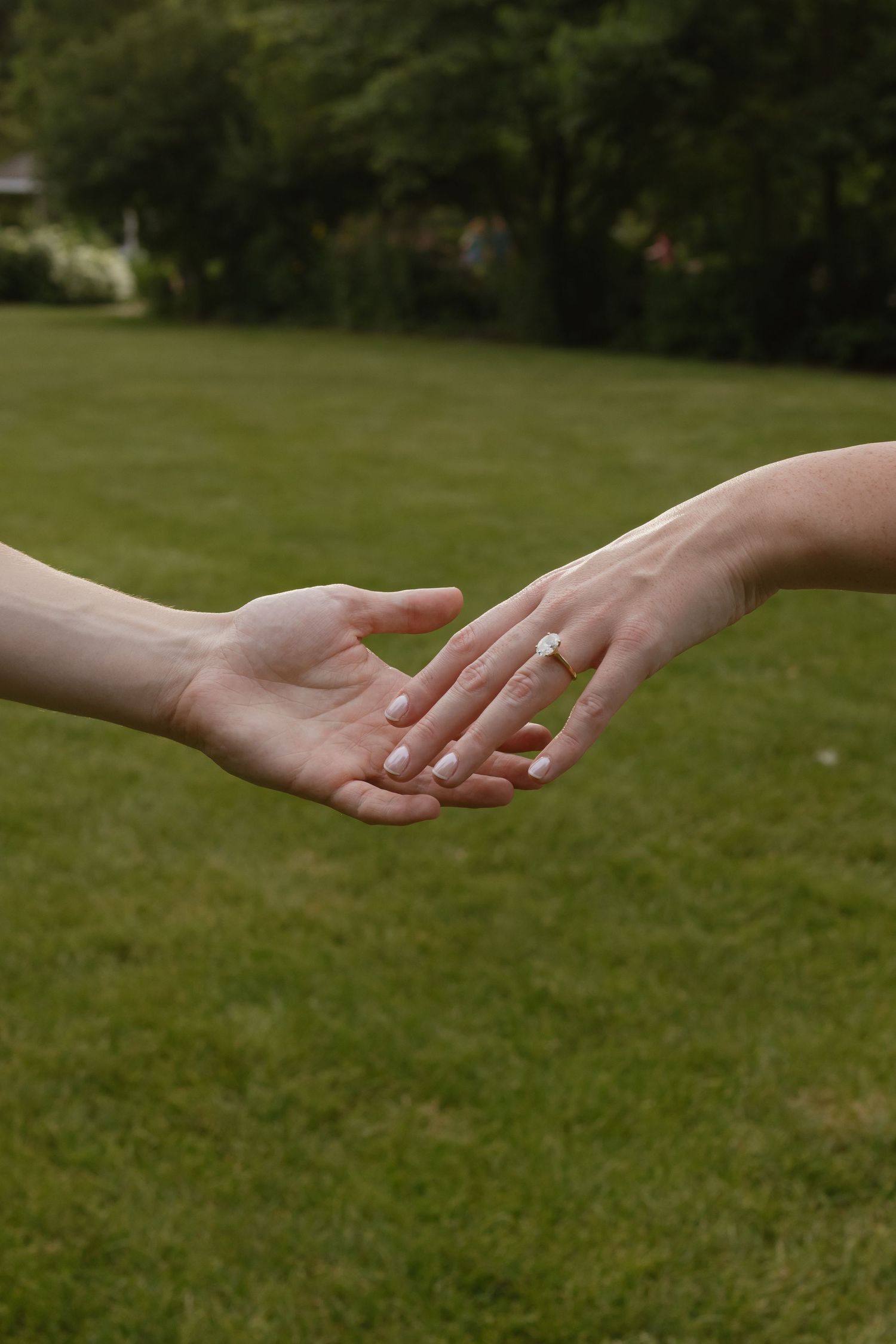 Two hands reaching toward each other outdoors, one wearing a diamond engagement ring, with green grass in the background.